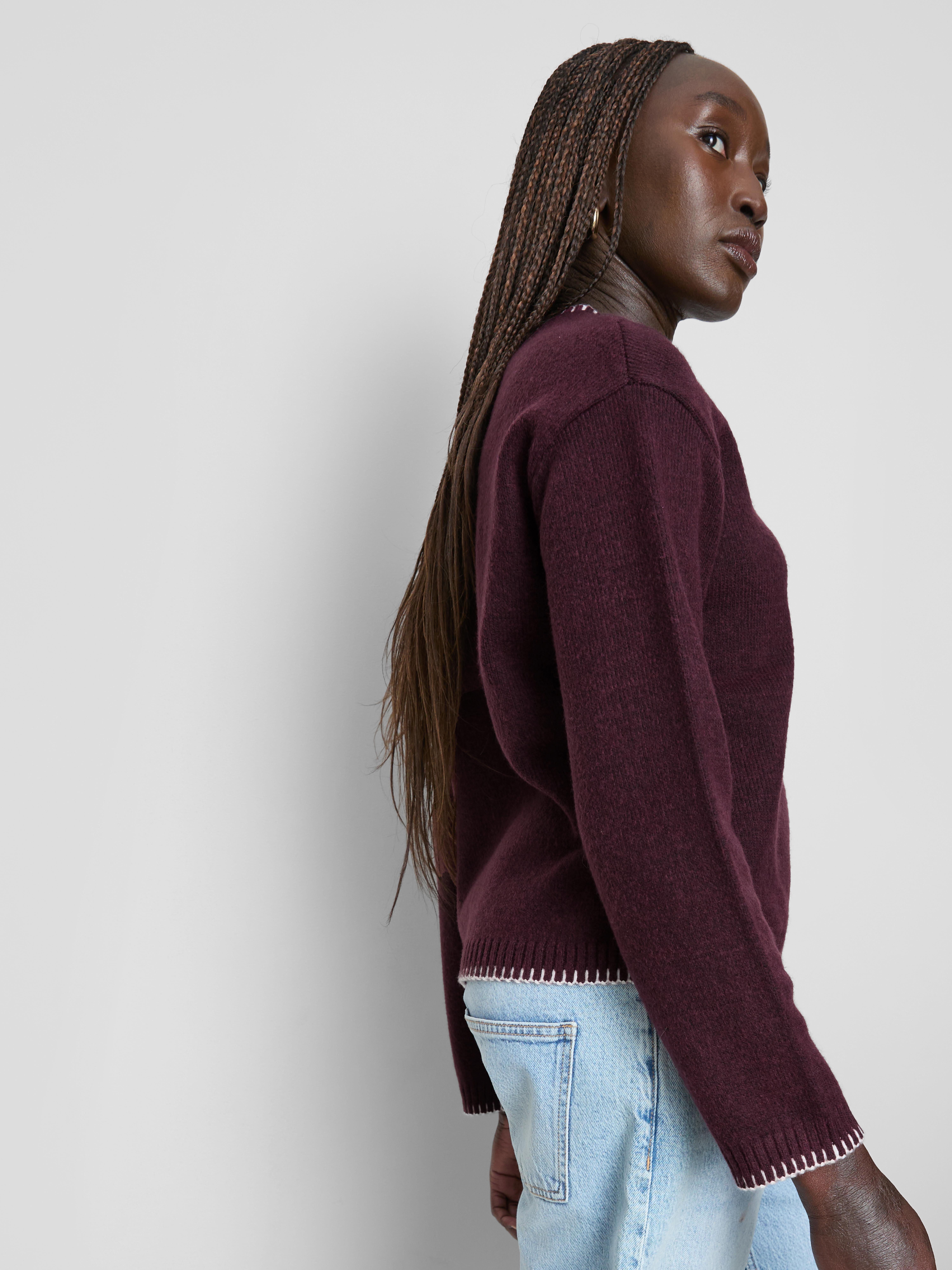 Knitted Stitch-Detail Crewneck Sweater - Burgundy