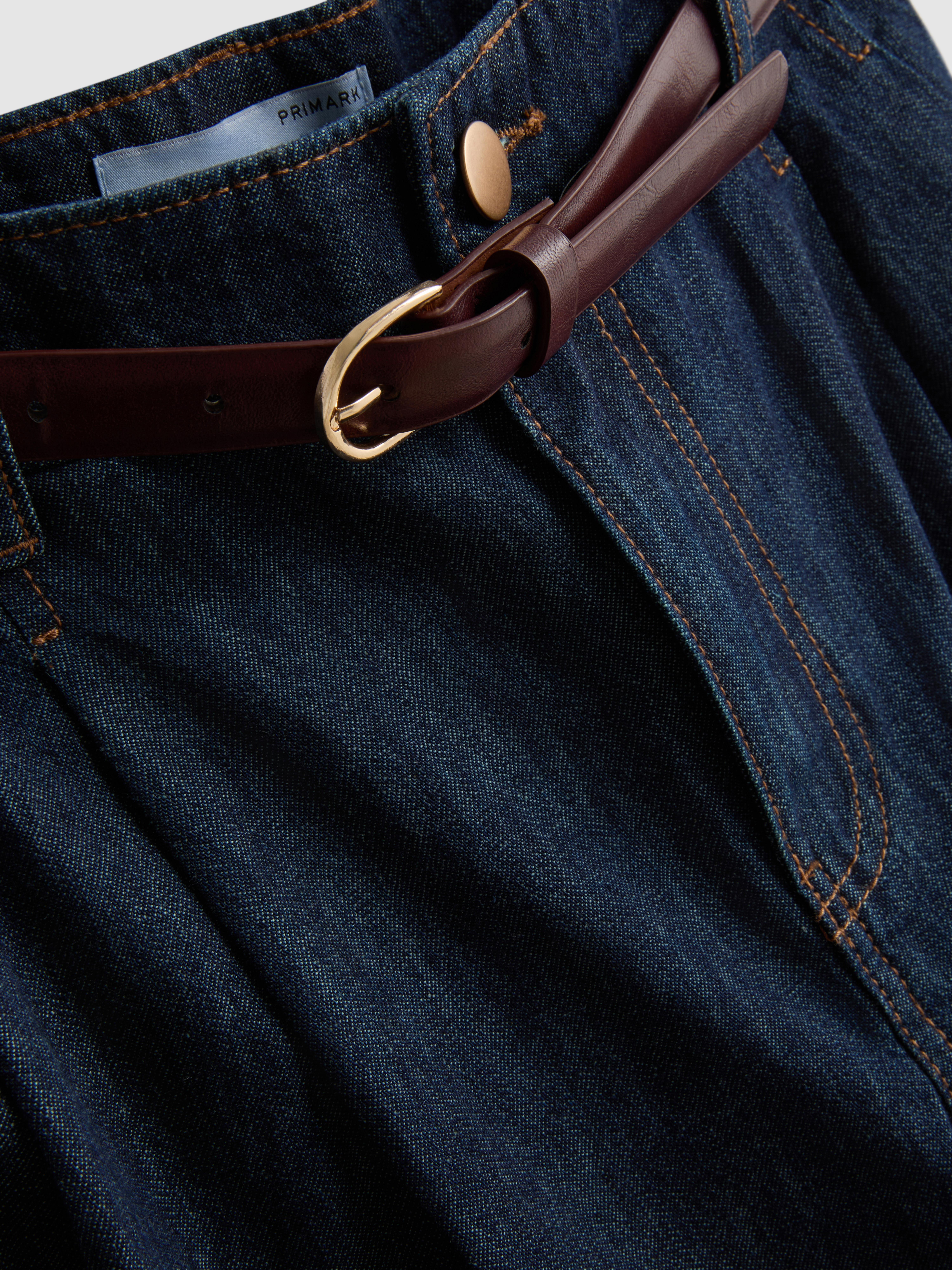 Cotton Denim Belted Culotte Pants - Indigo