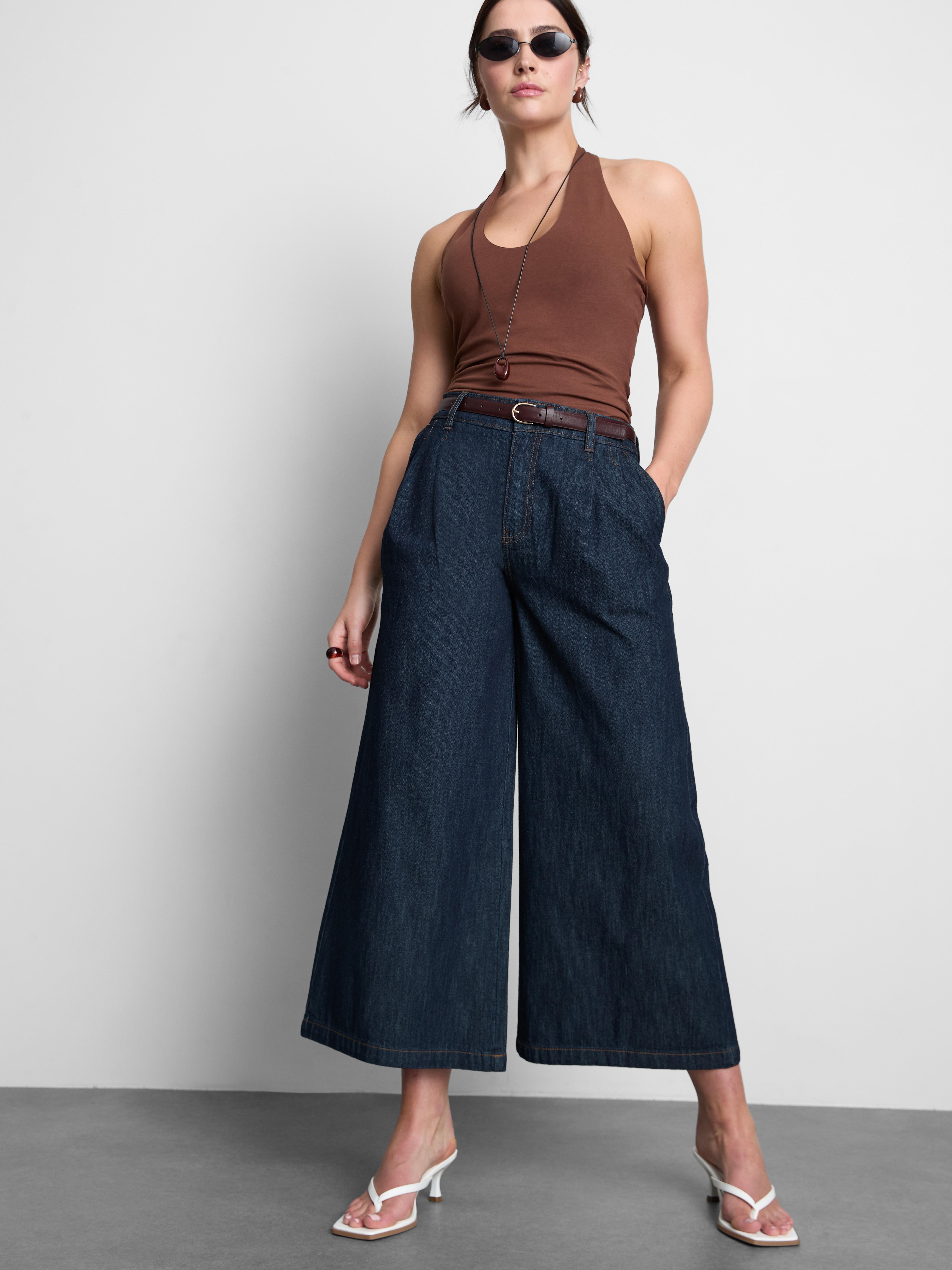 Cotton Denim Belted Culotte Pants - Indigo