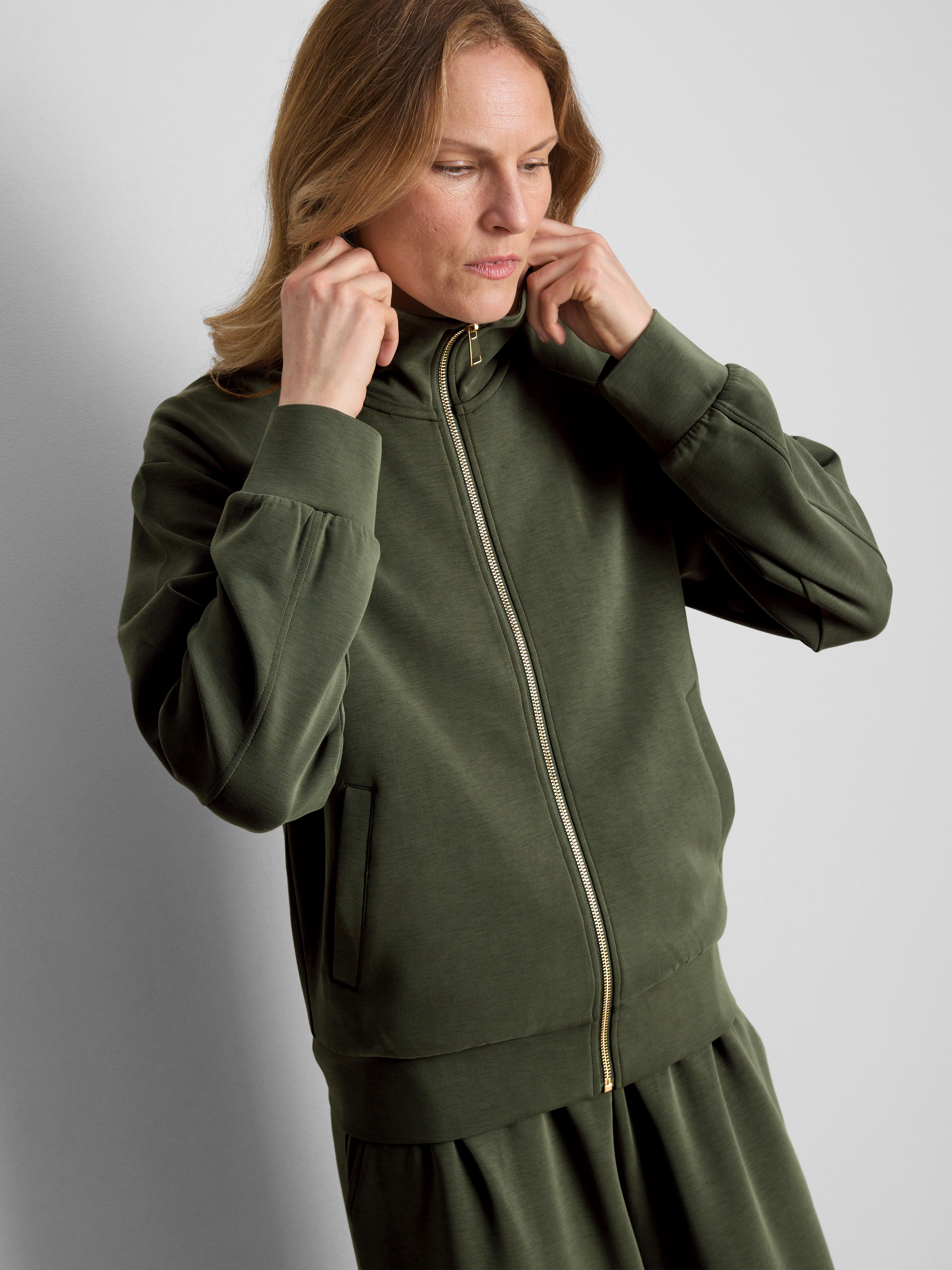Modal Blend Zip Through Sweatshirt - Olive