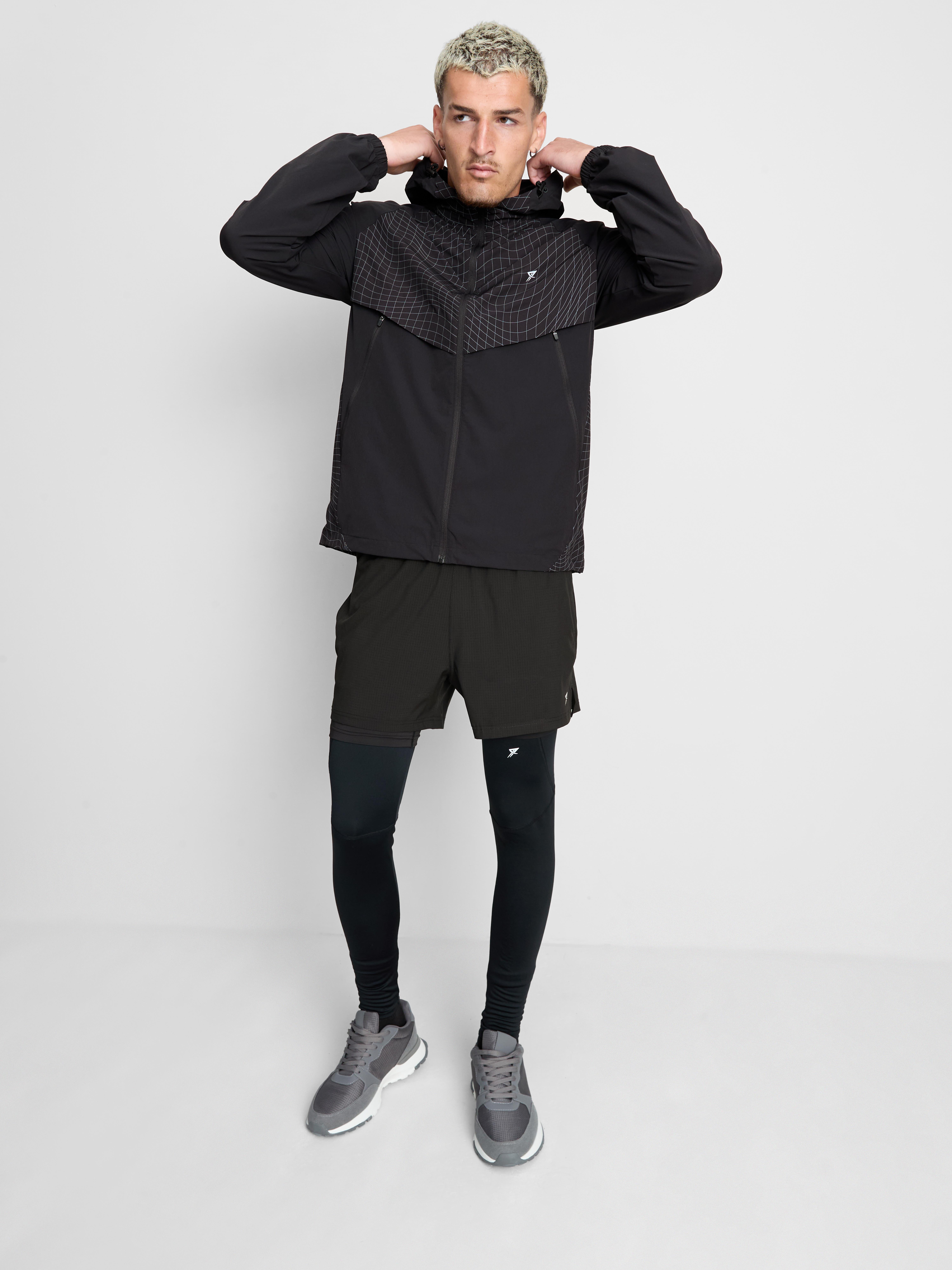 Grid Panel Zip-Up Hooded Jacket - Black