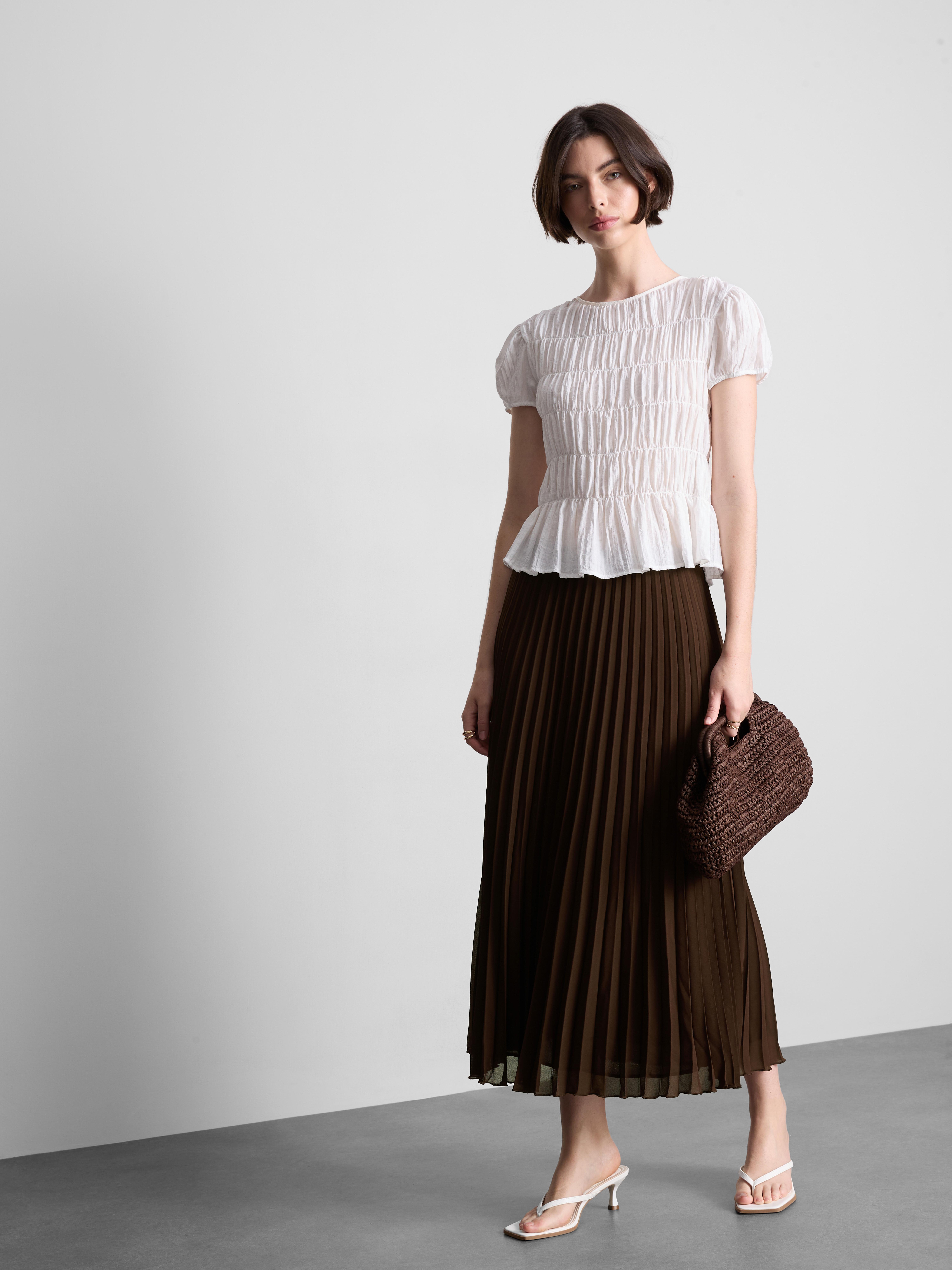 Pleated Chiffon Midi Skirt - Chocolate