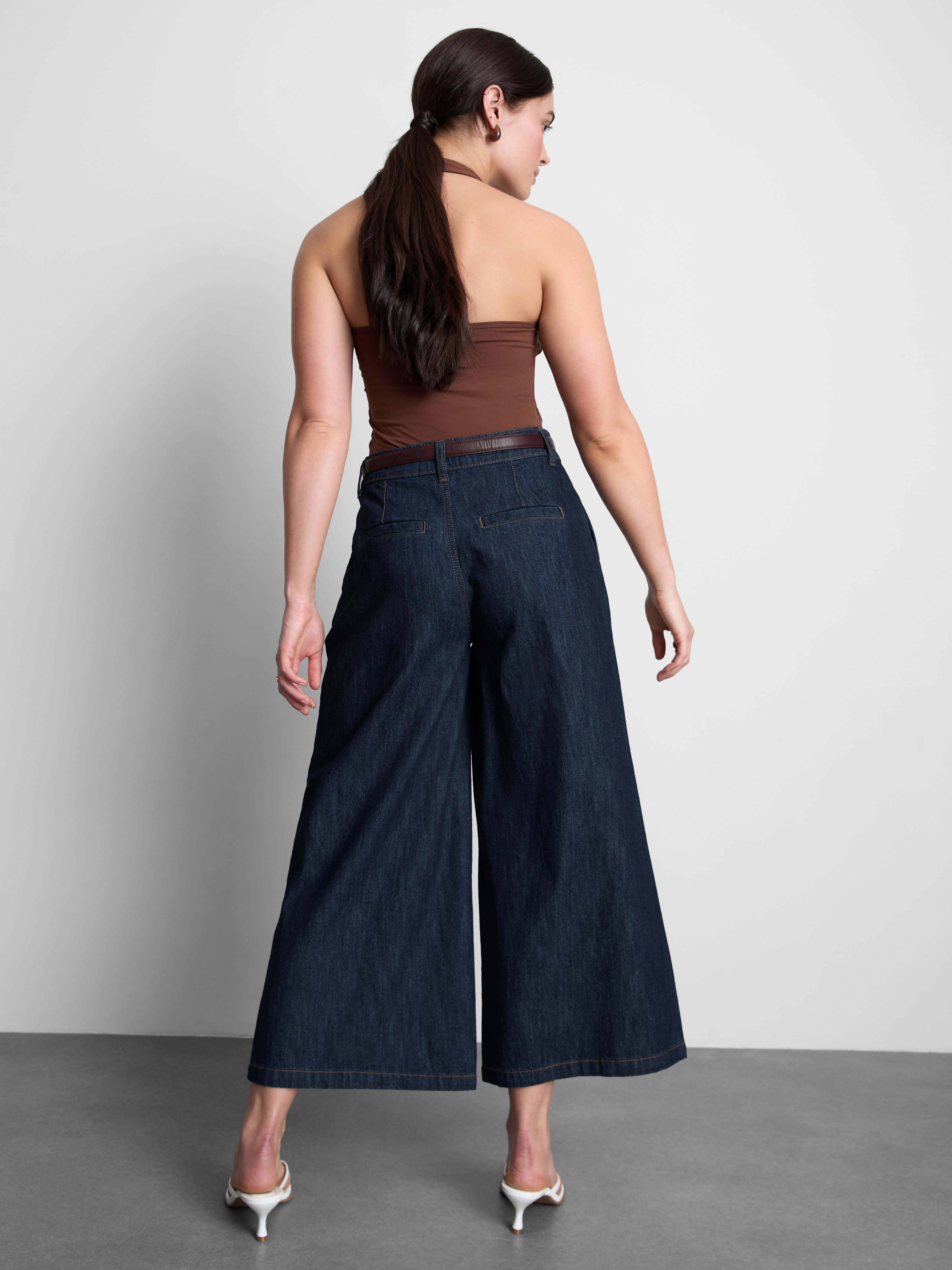 Cotton Denim Belted Culotte Pants - Indigo