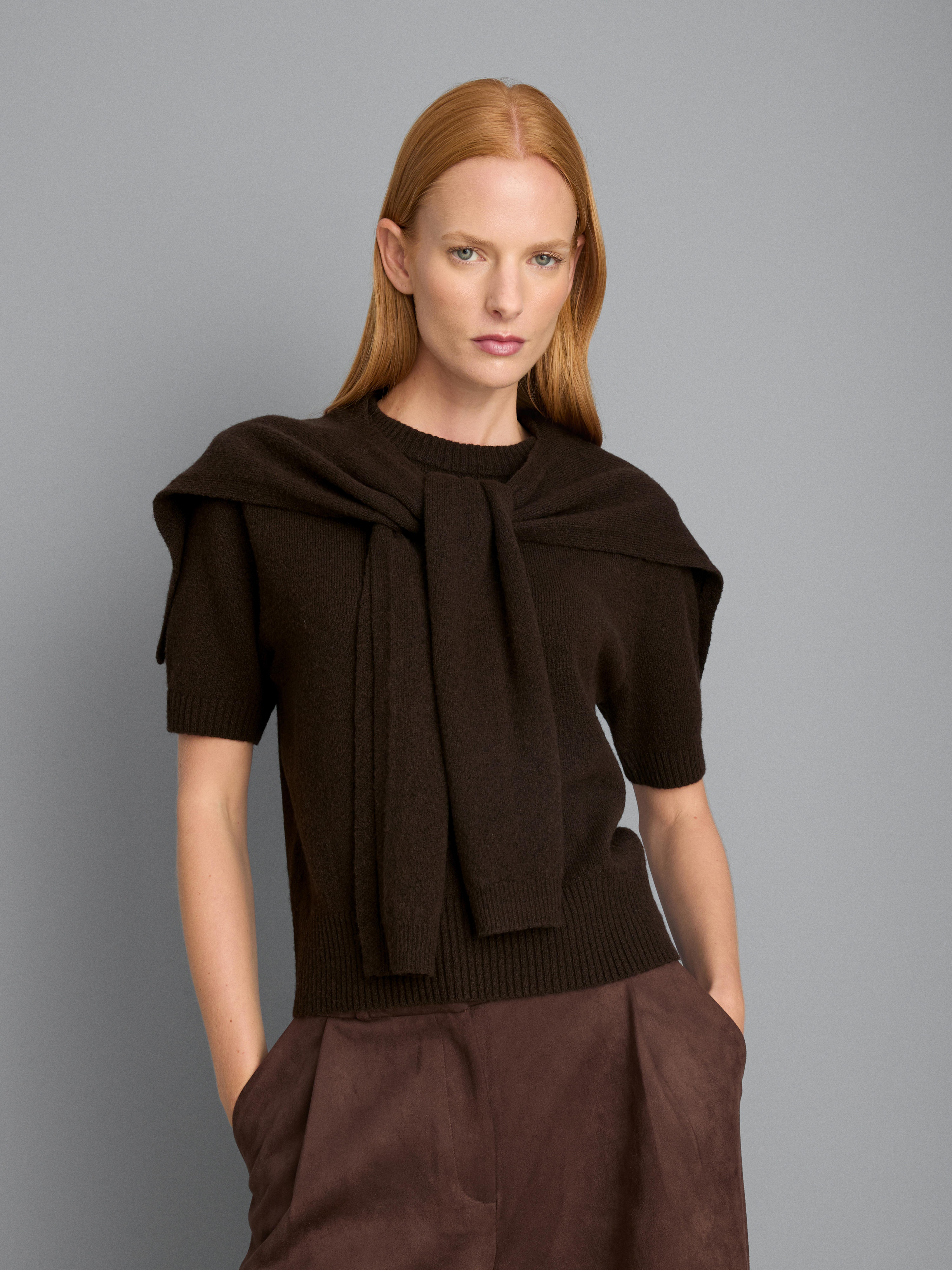 Knitted Tie Neck Tee - Chocolate