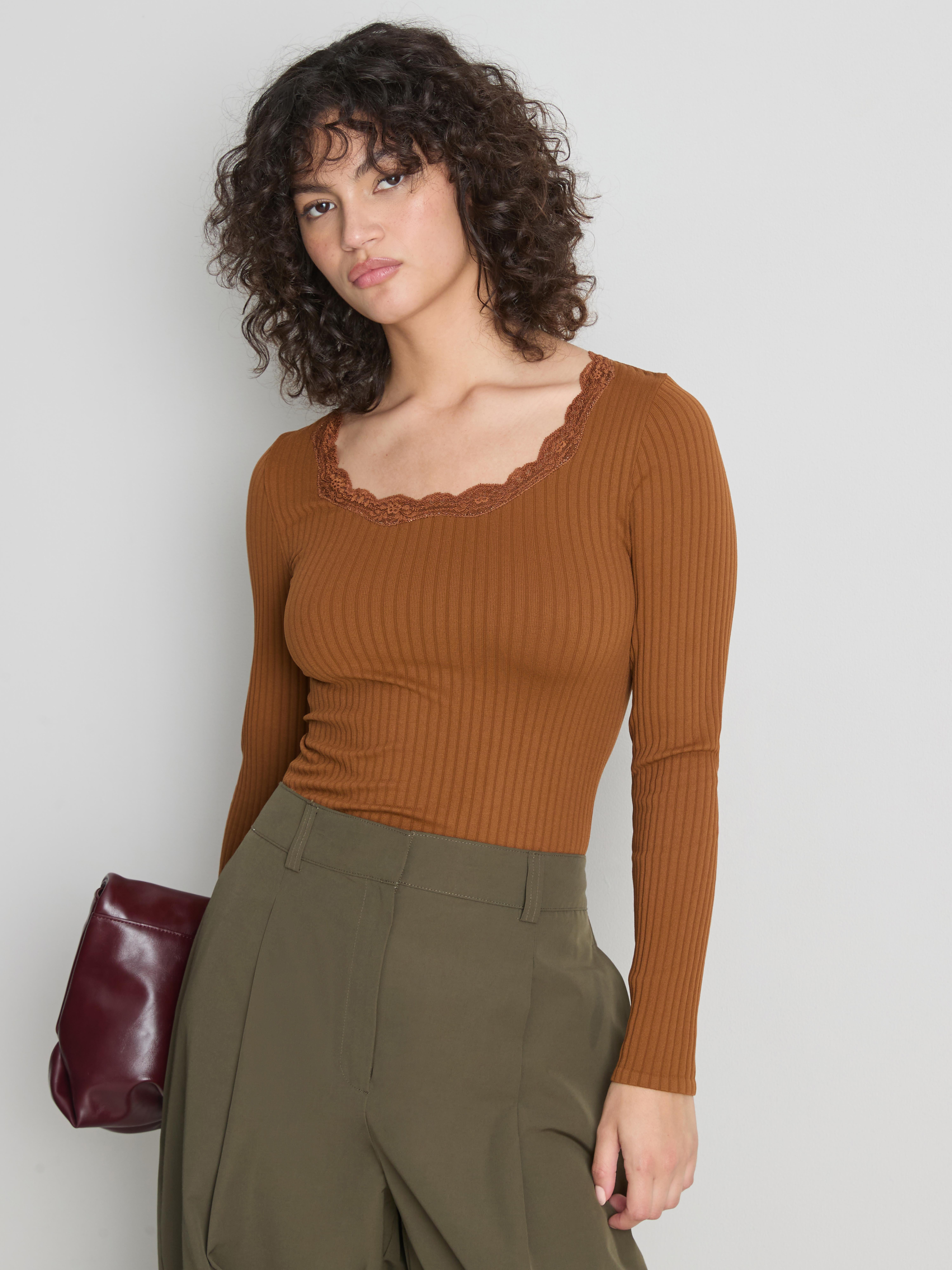 Ribbed Long-Sleeve Squareneck Top - Tan