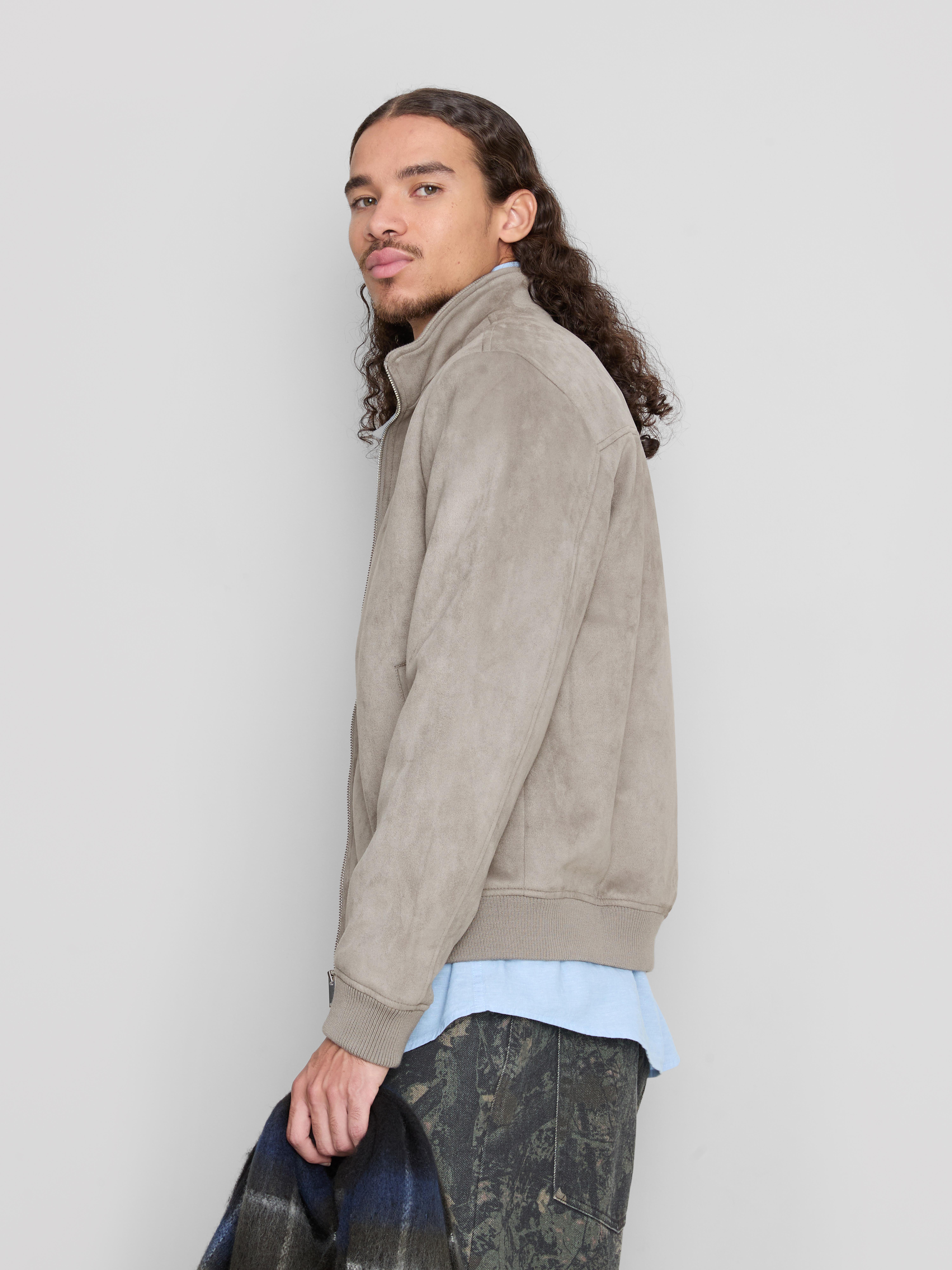 Faux Suede Bomber Jacket - Light Gray