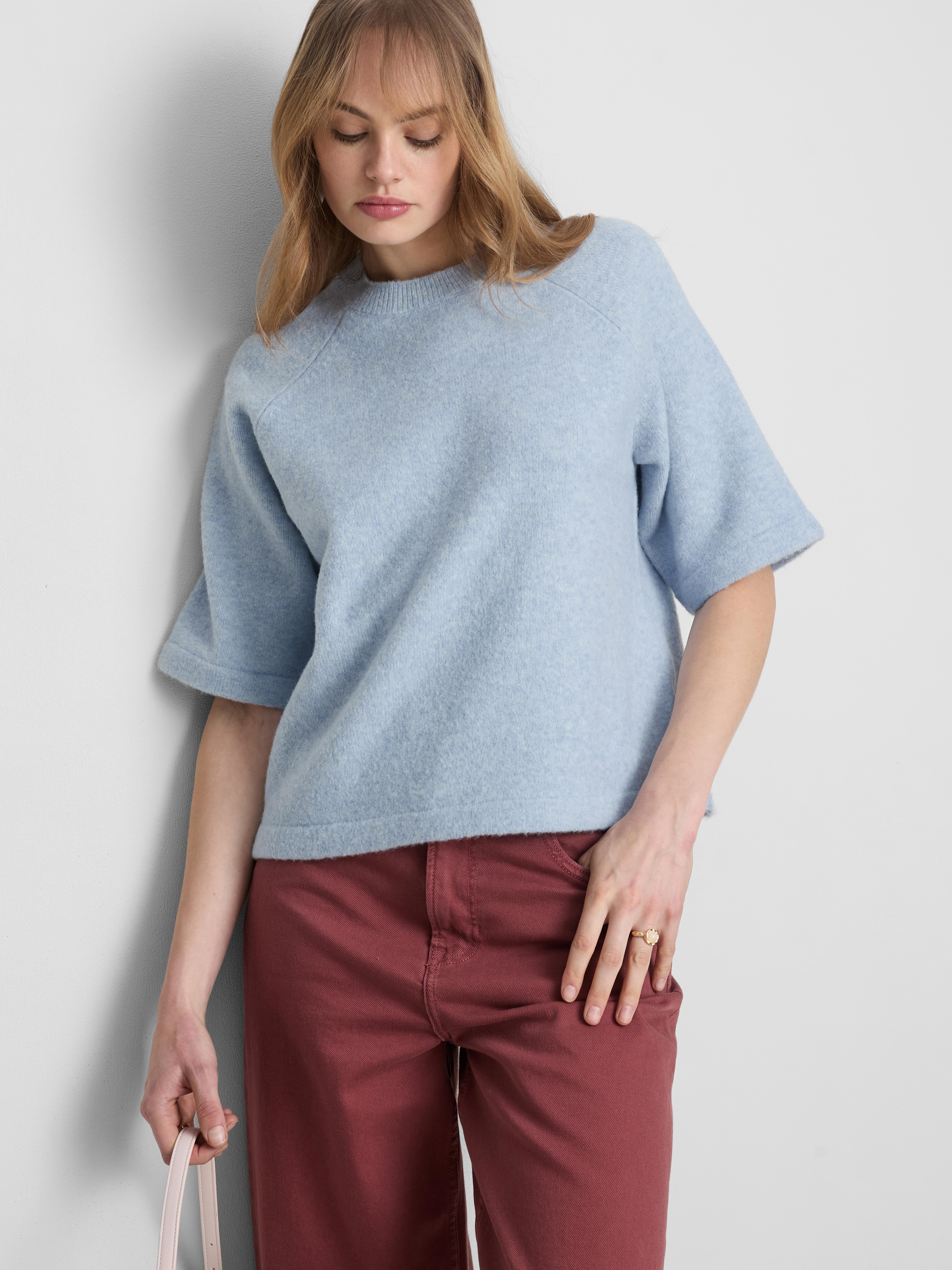 Wool-Blend Knitted Boxy T-Shirt - Light Blue
