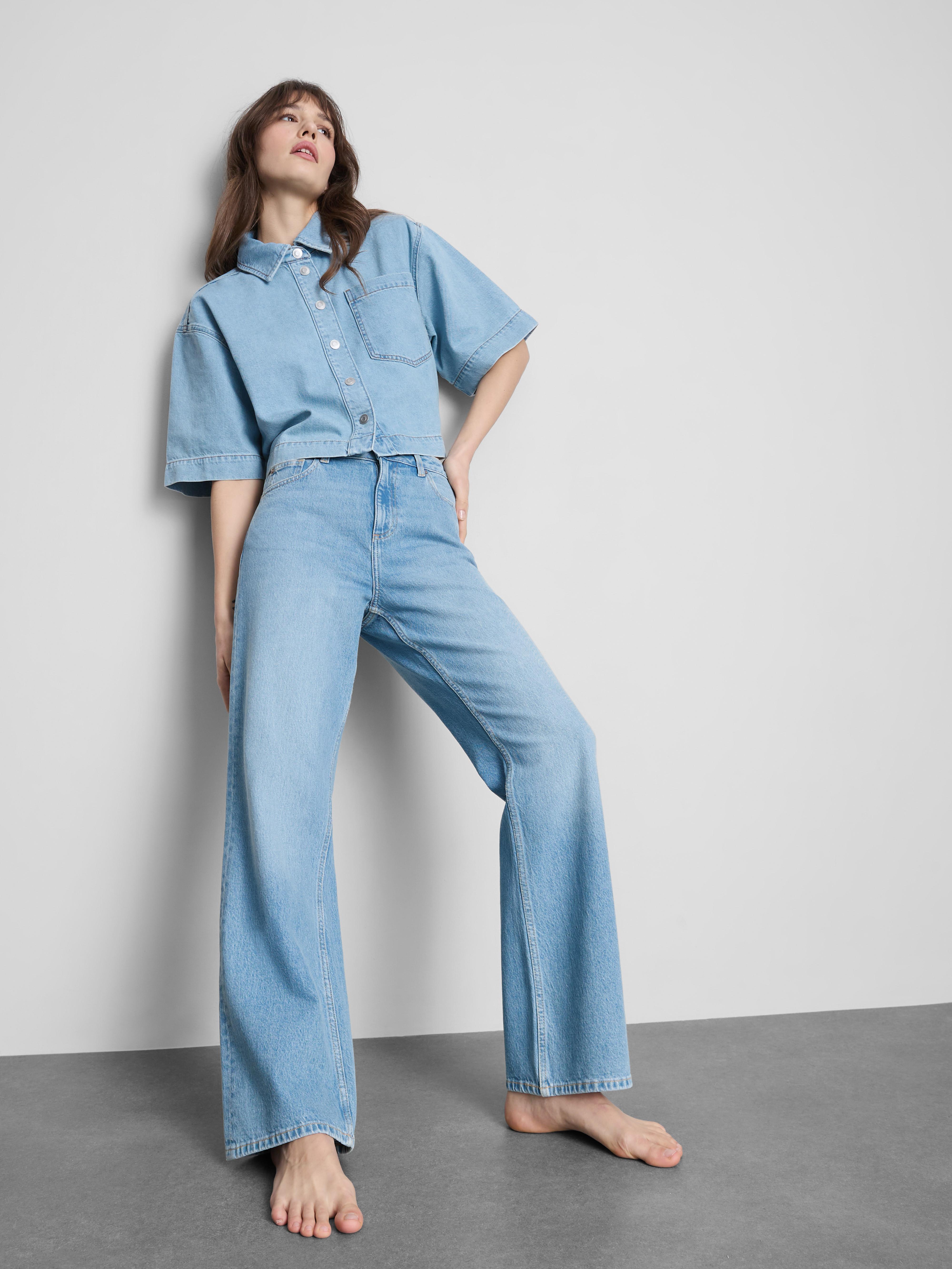 Cotton Denim Straight Leg Jeans - Blue