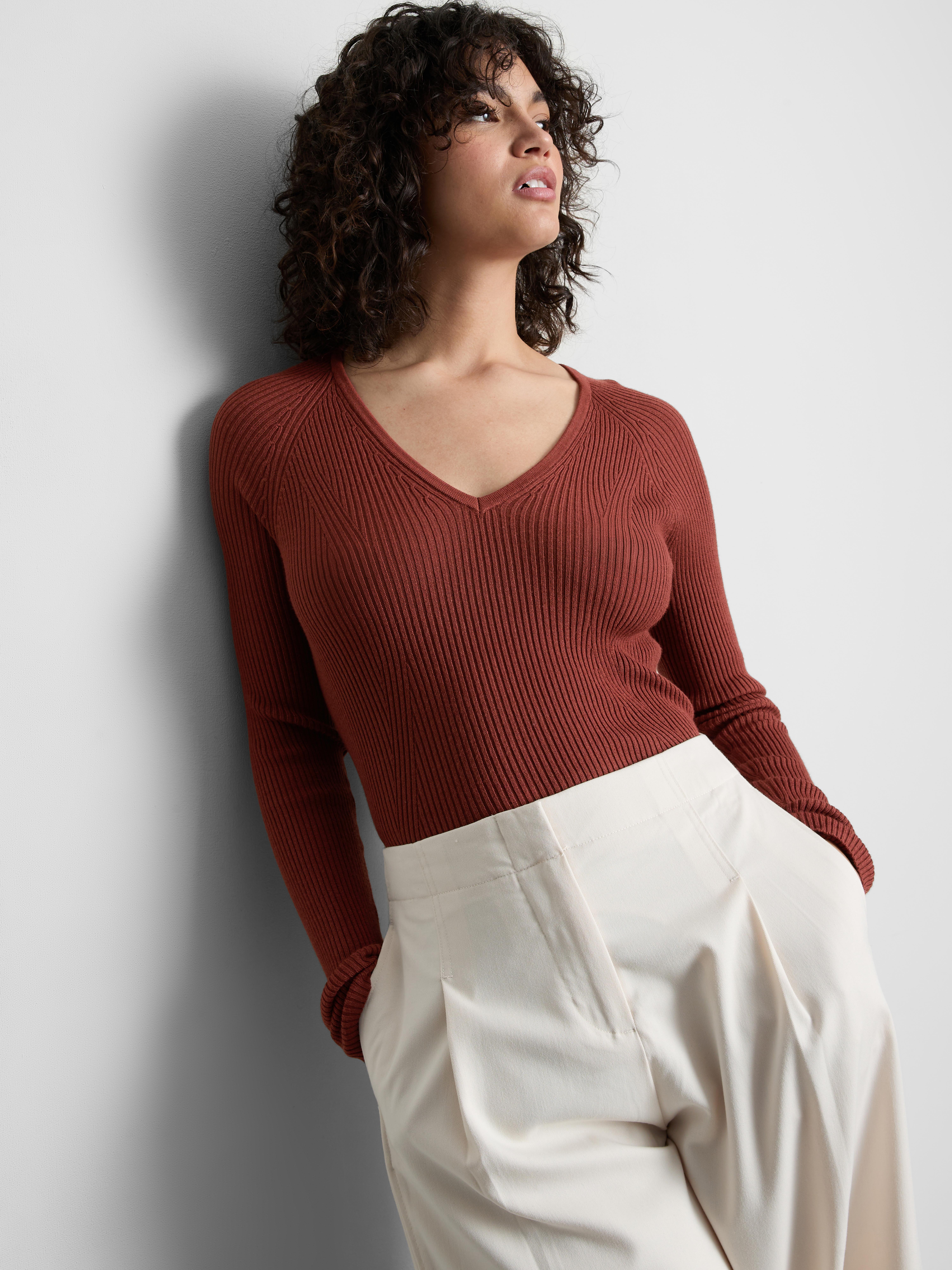 Ribbed V-Neck Sweater - Burnt Orange