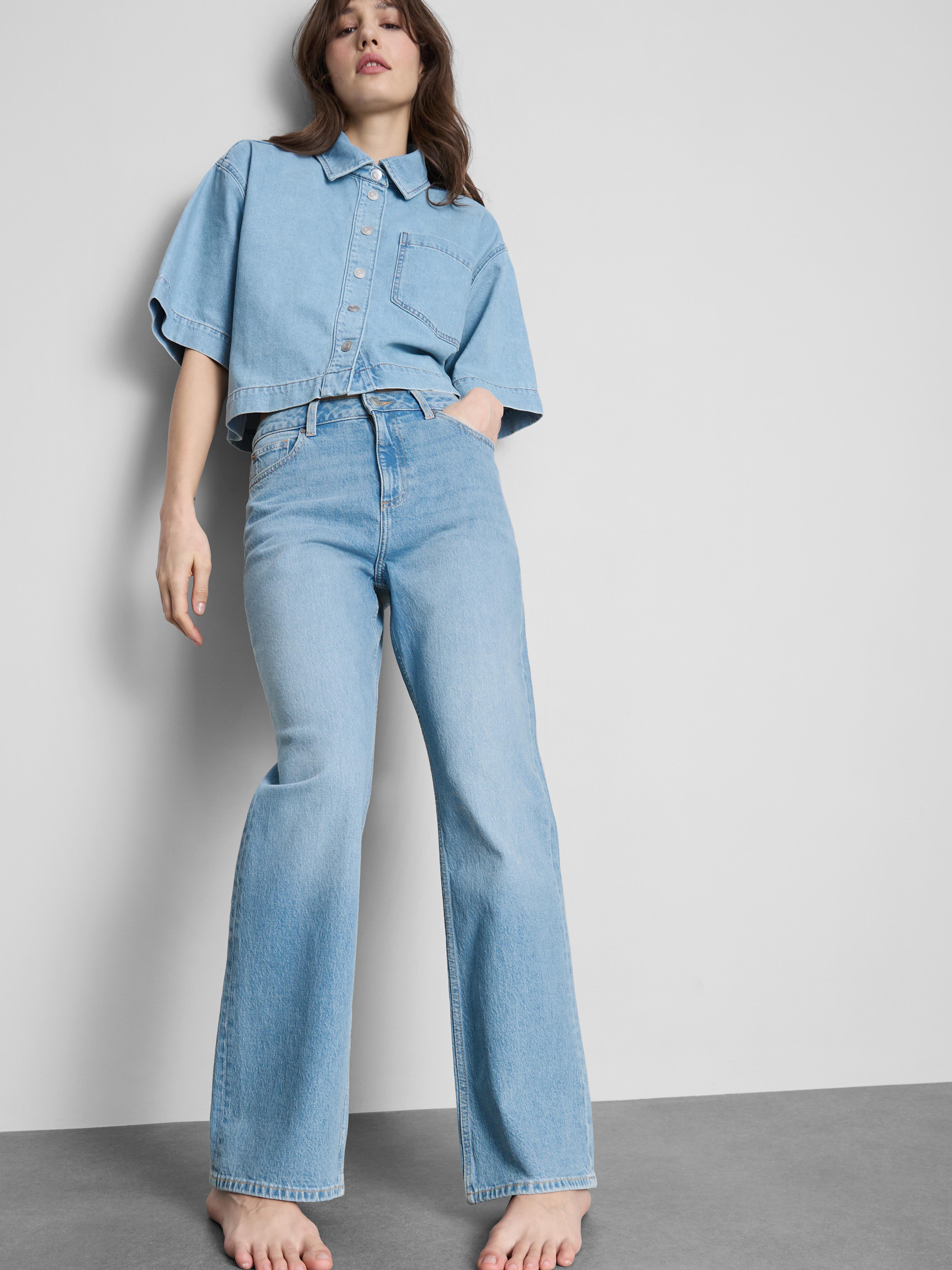 Cotton Denim Straight Leg Jeans - Blue