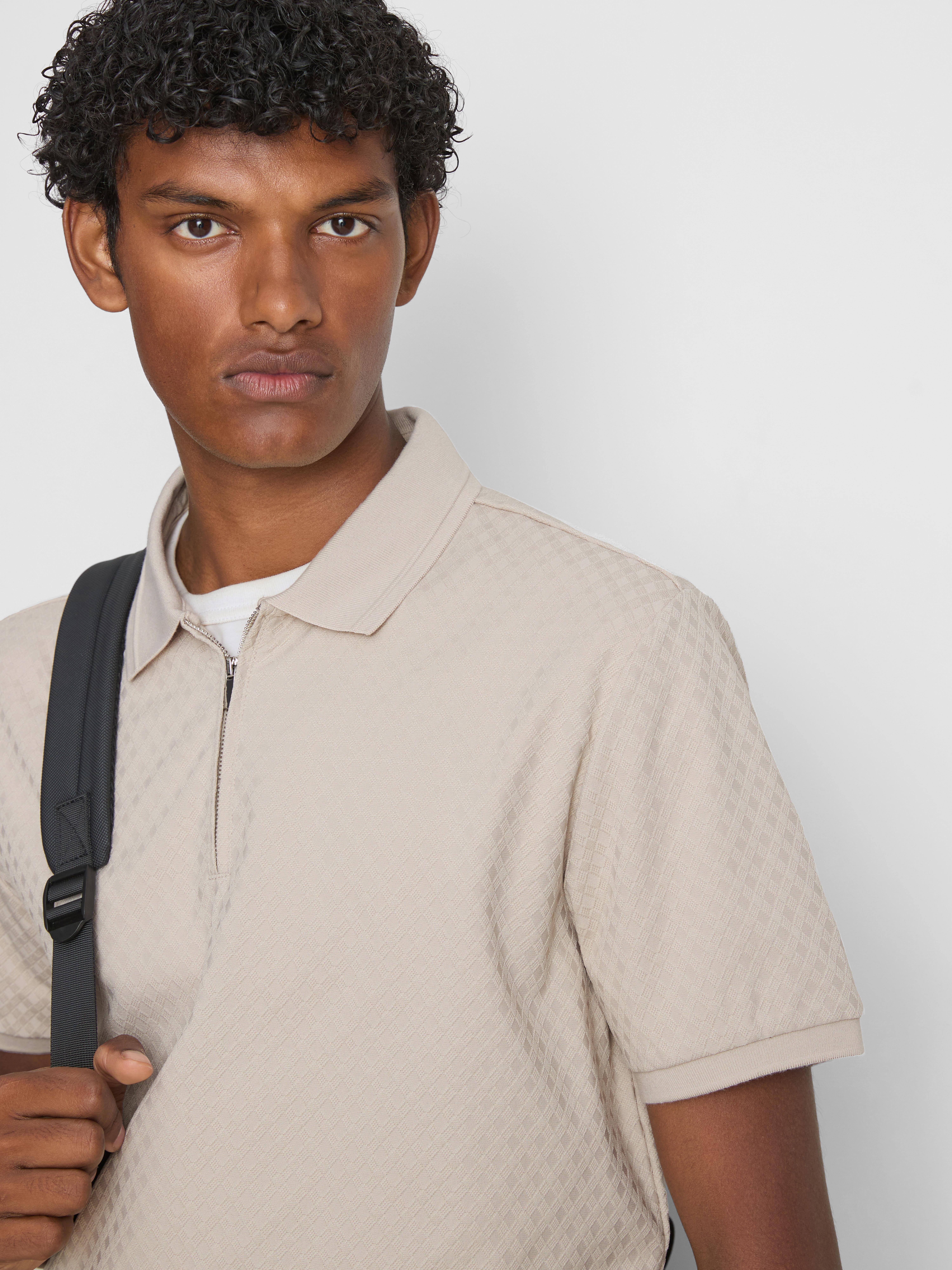 The Edit Textured Zip Polo Shirt - Stone