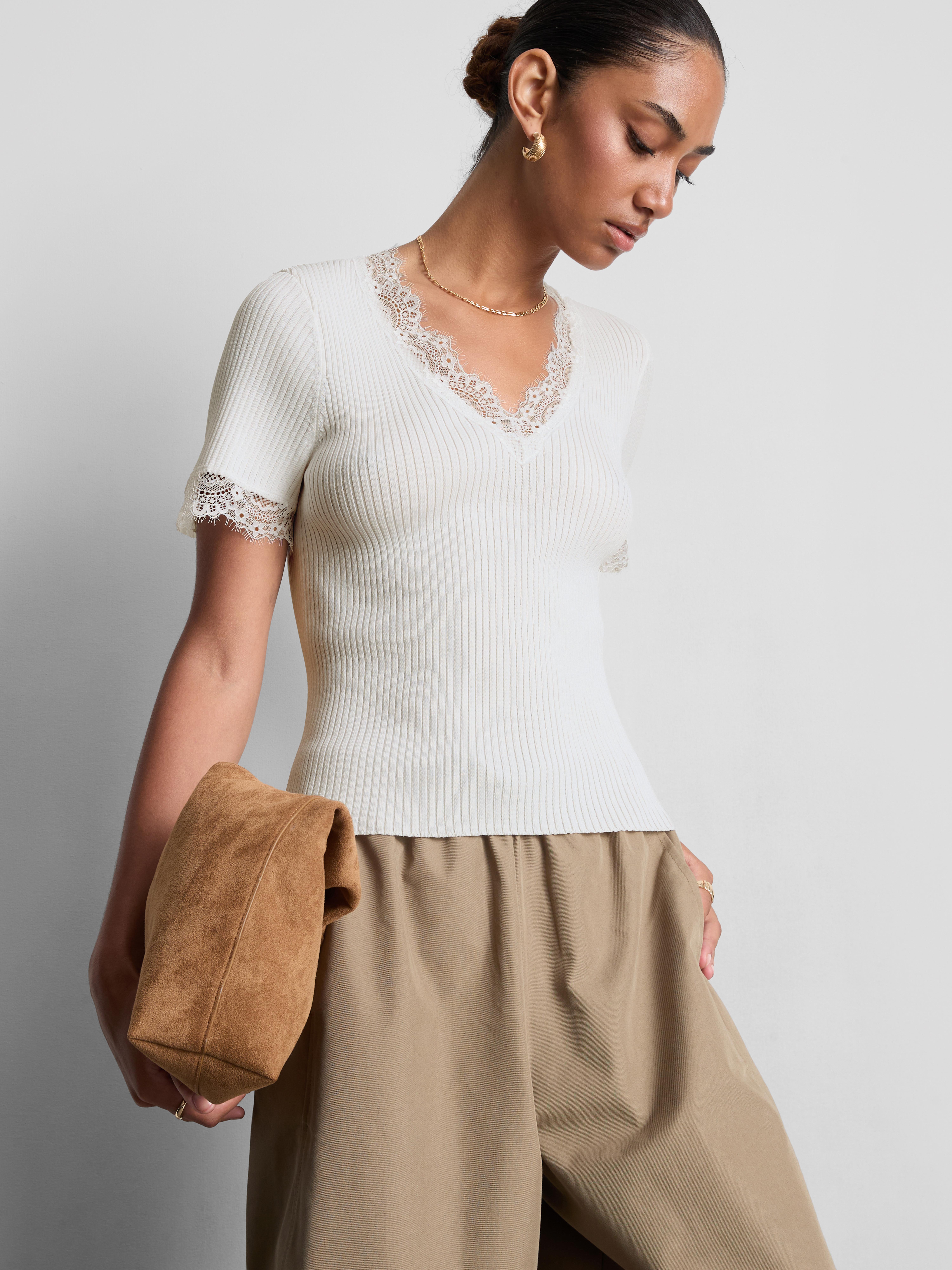 Ribbed Lace-Trim Tee - Ivory