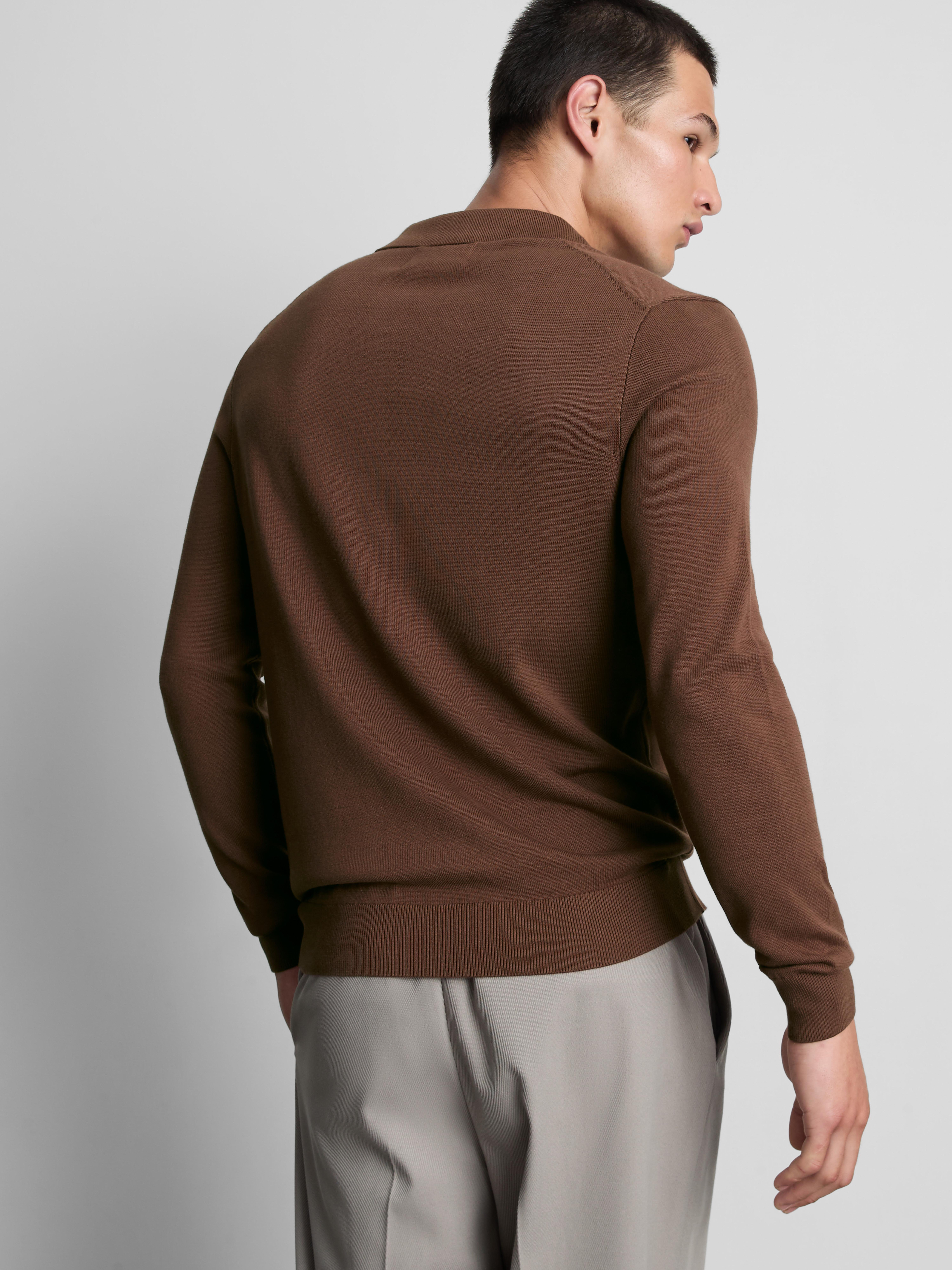 Knitted Long-Sleeve Polo Shirt - Dark Brown