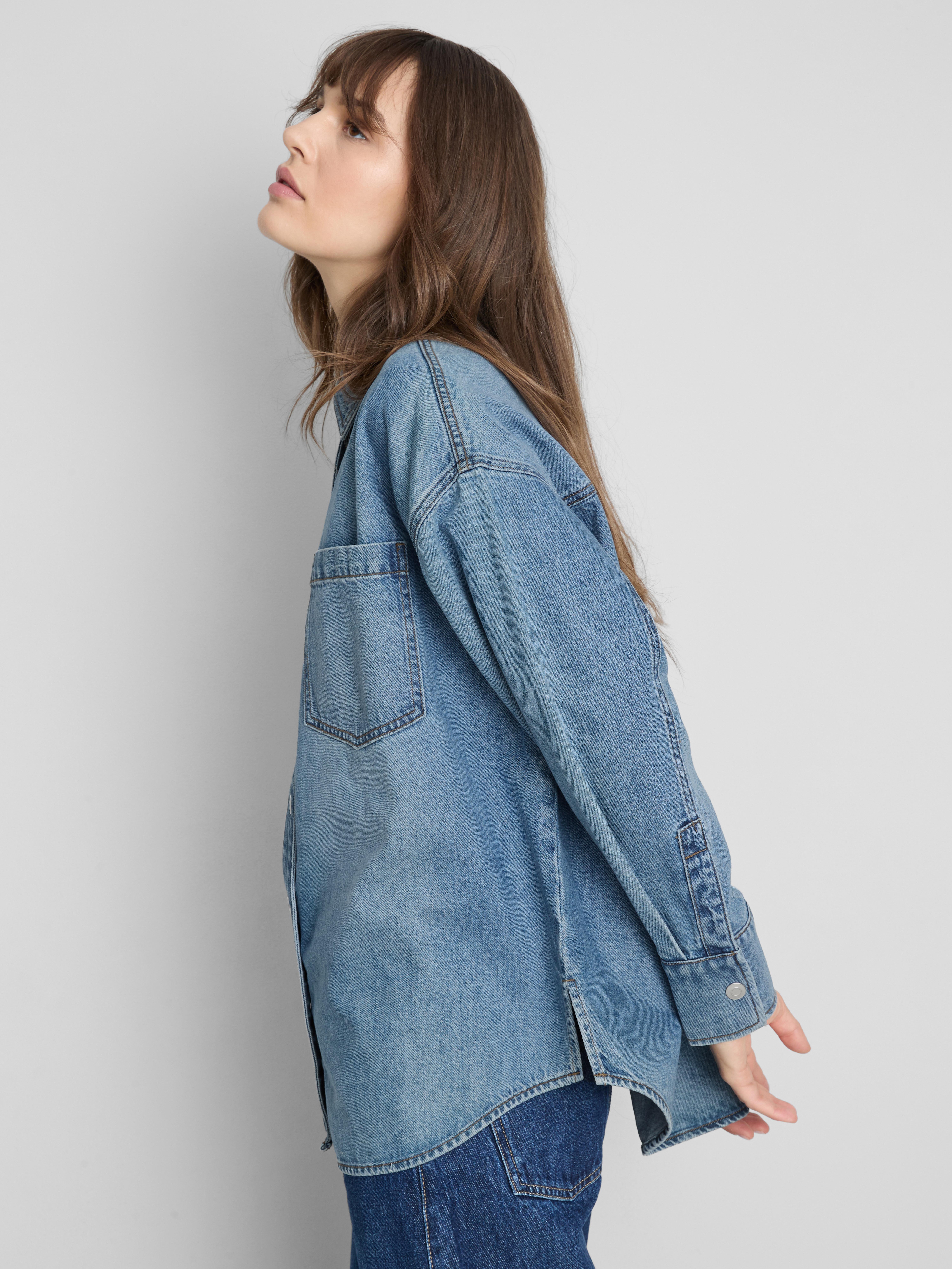 Relaxed Cotton Denim Button-Up Shirt - Mid Blue