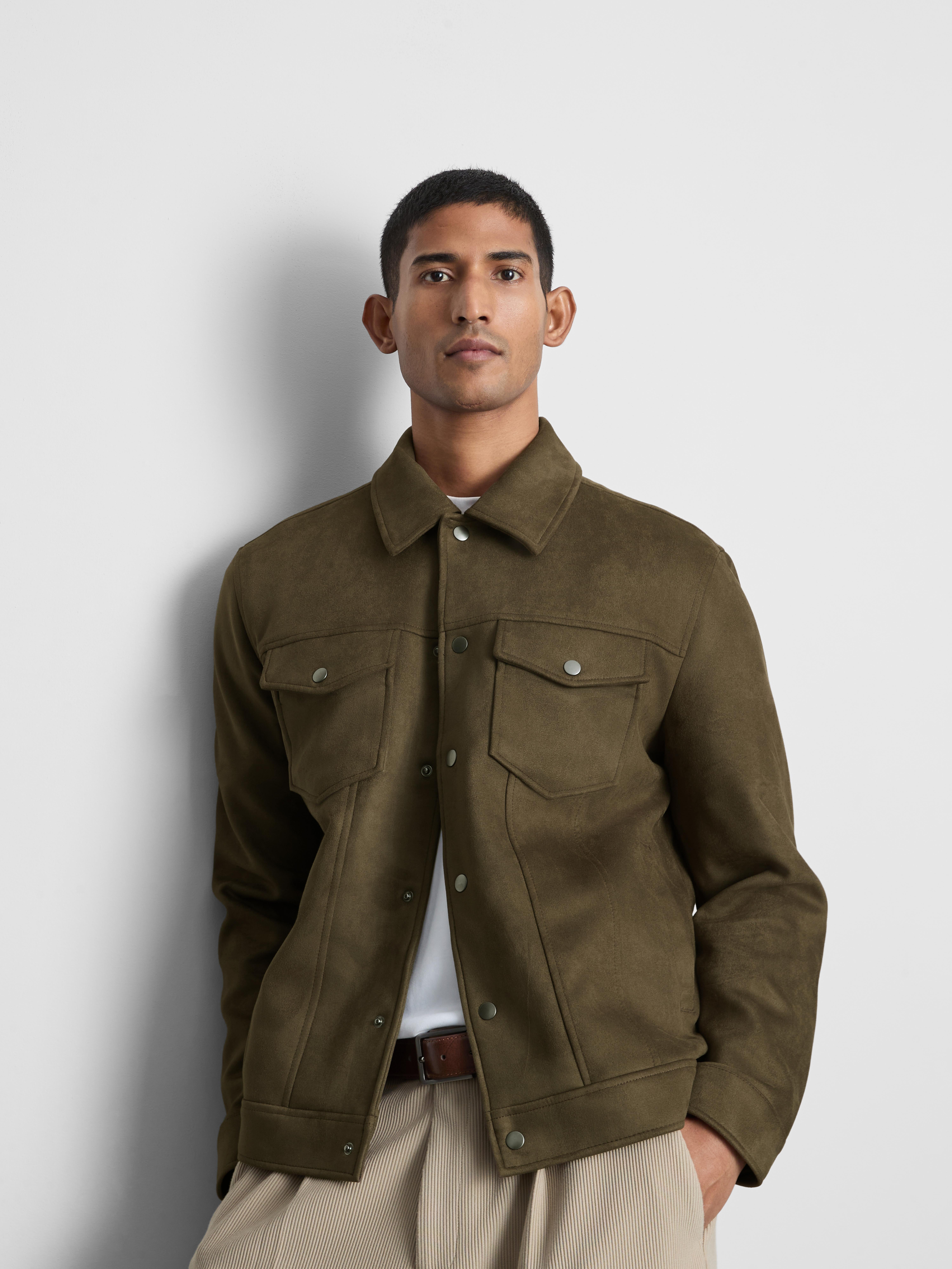 Faux Suede Trucker Jacket - Olive