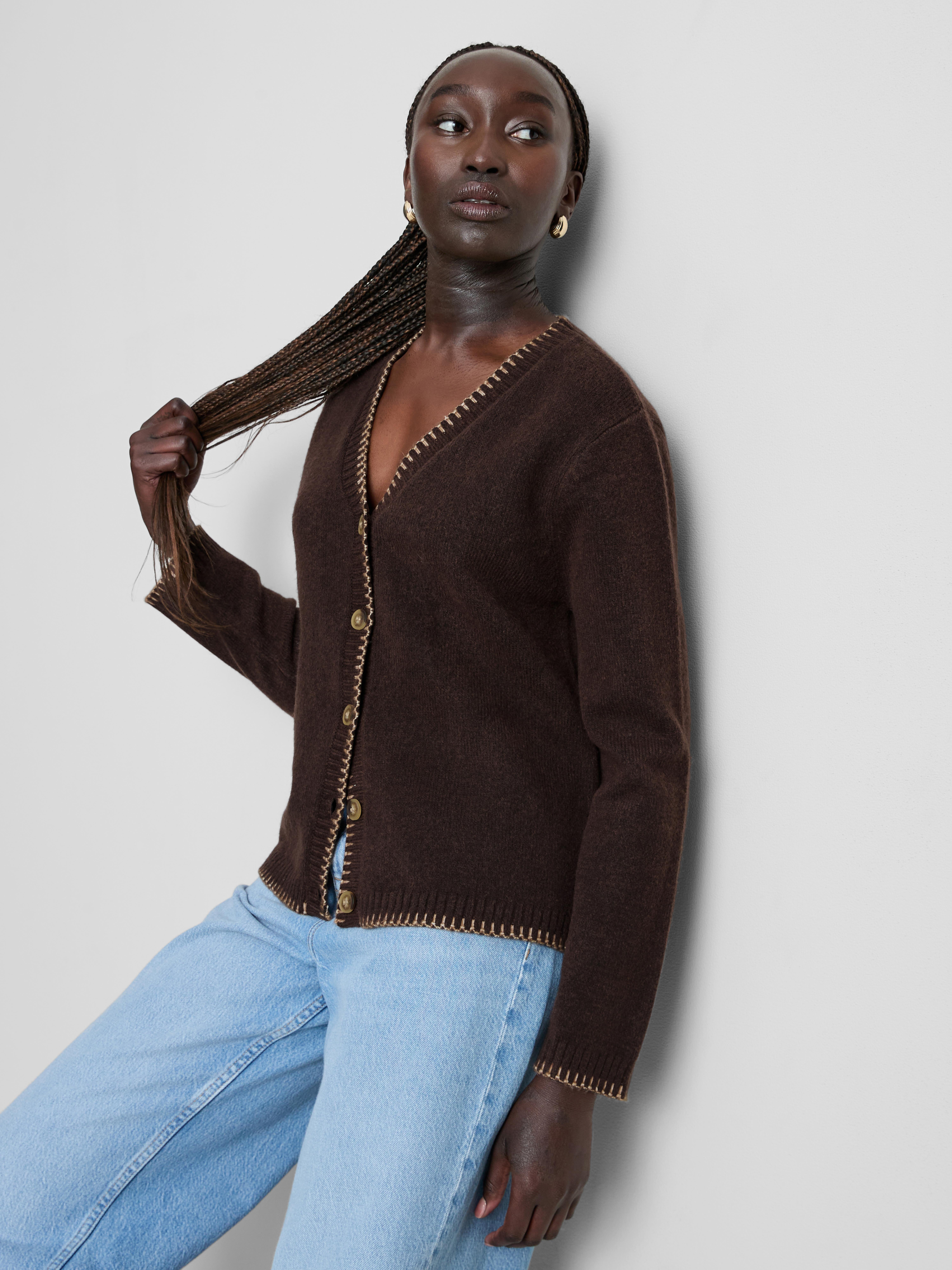 Halo Stitch V-Neck Cardigan - Chocolate