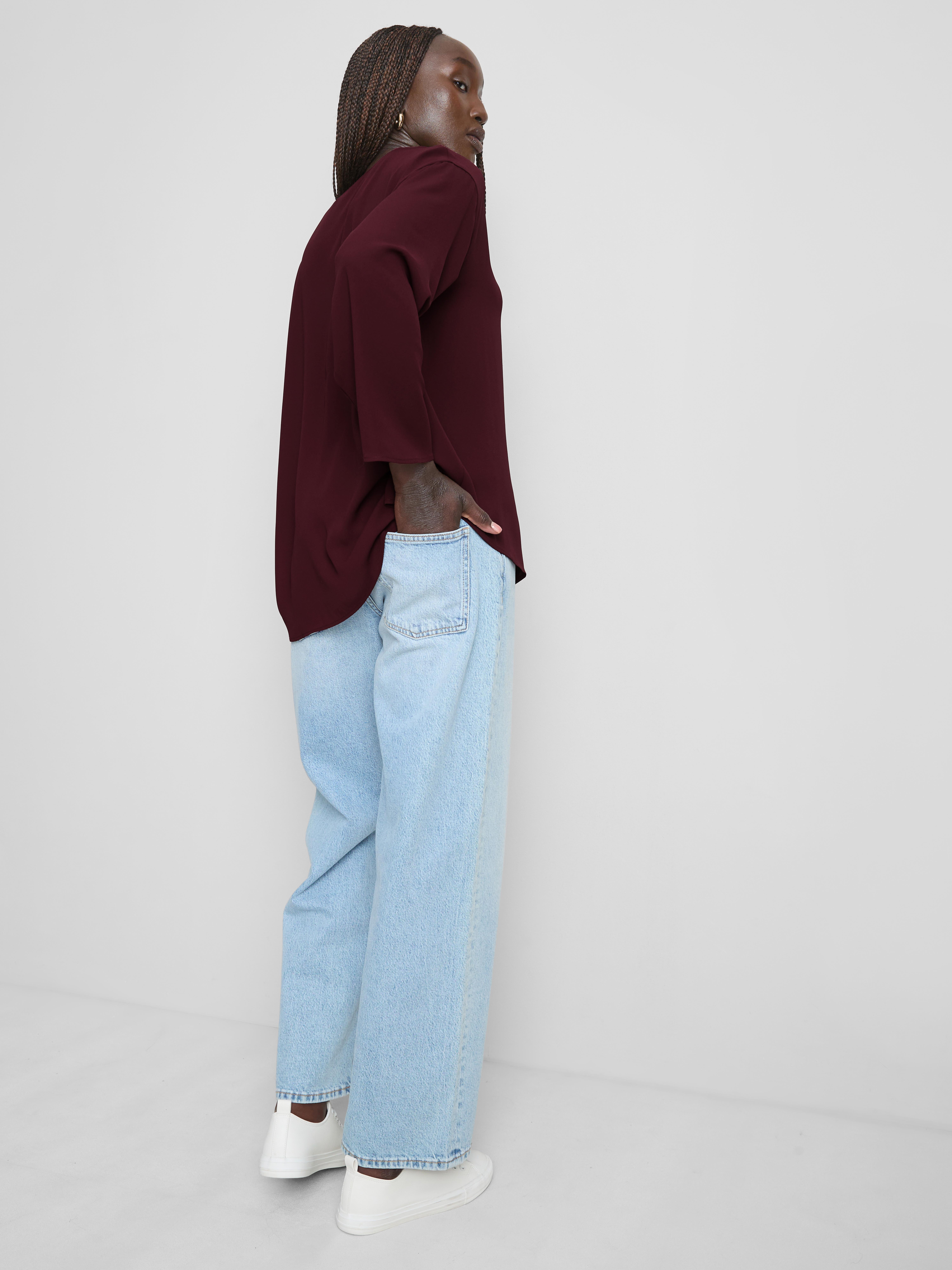 Crepe V-Neck Blouse - Burgundy