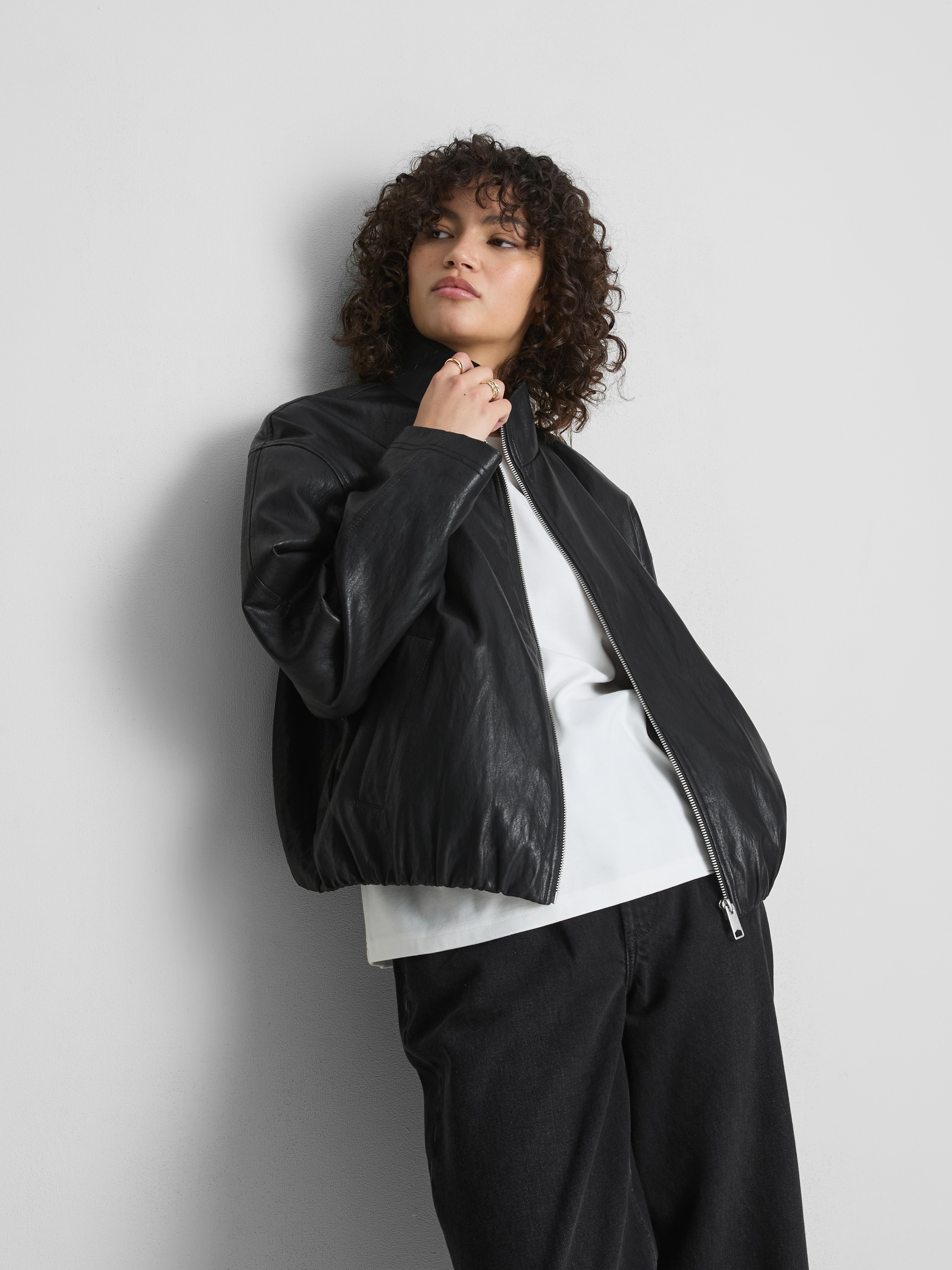 Faux Leather Funnel Jacket - Black