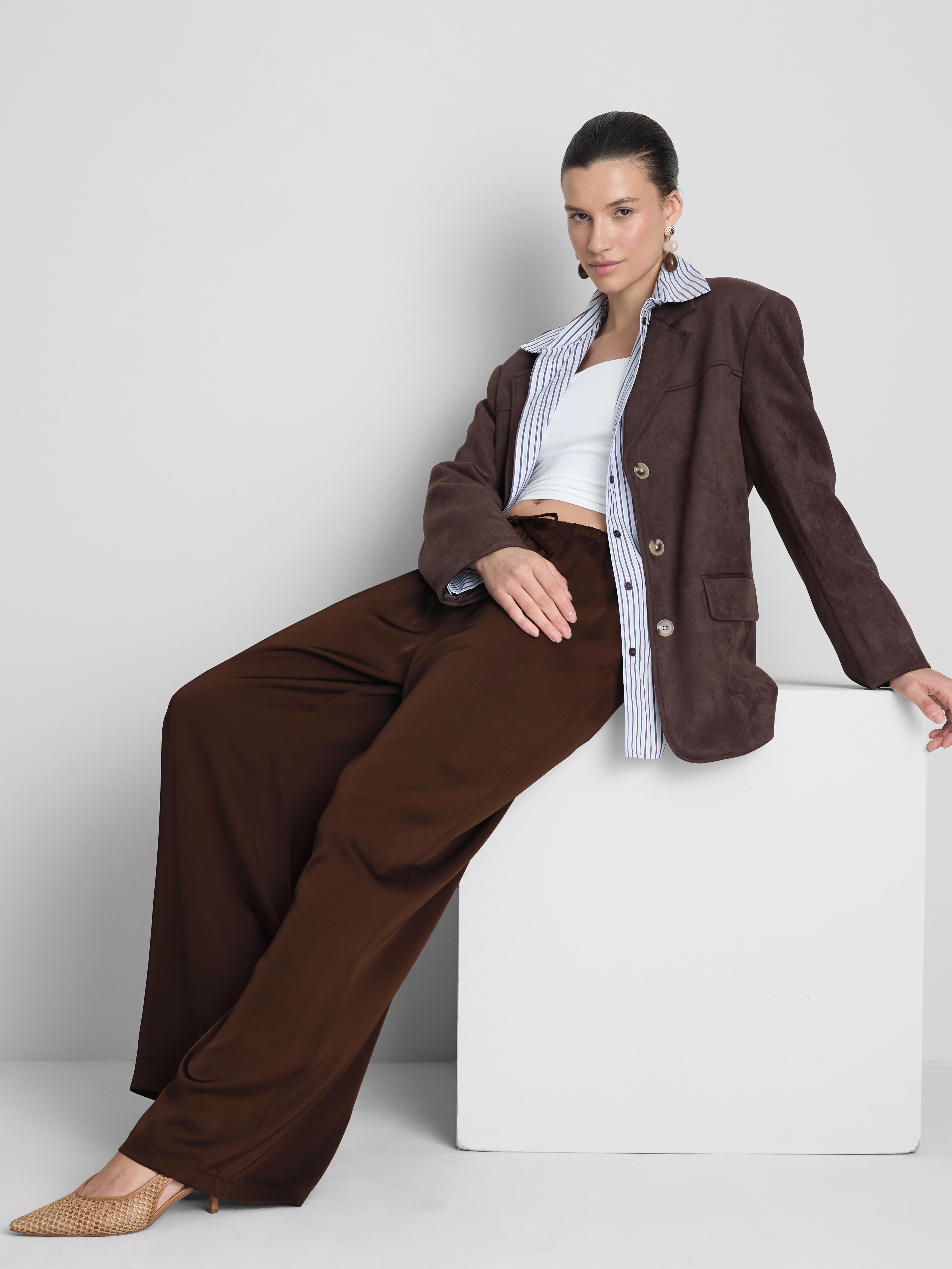Wide Leg Satin Pants - Chocolate