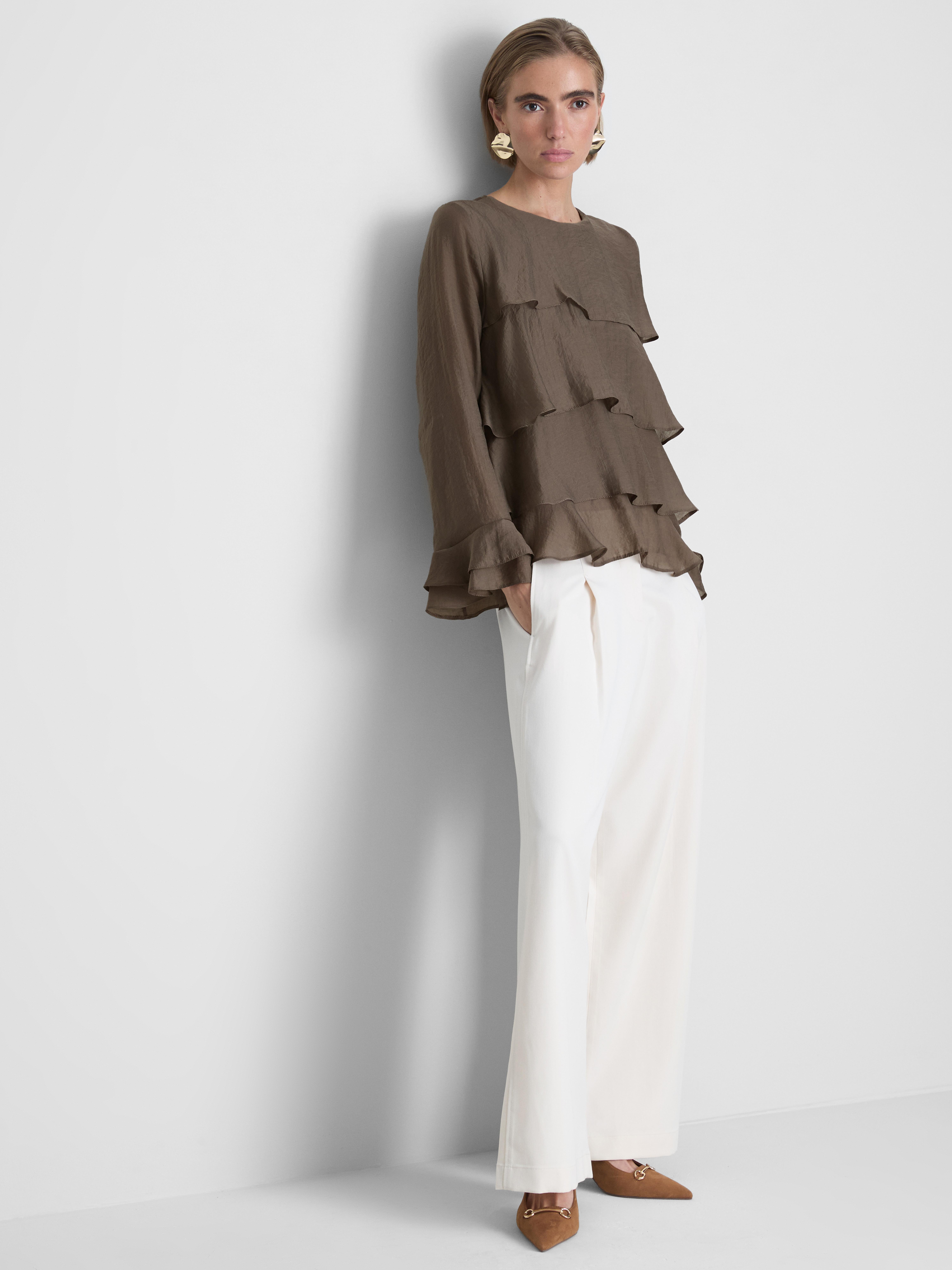 Tiered Long-Sleeve Blouse - Chocolate