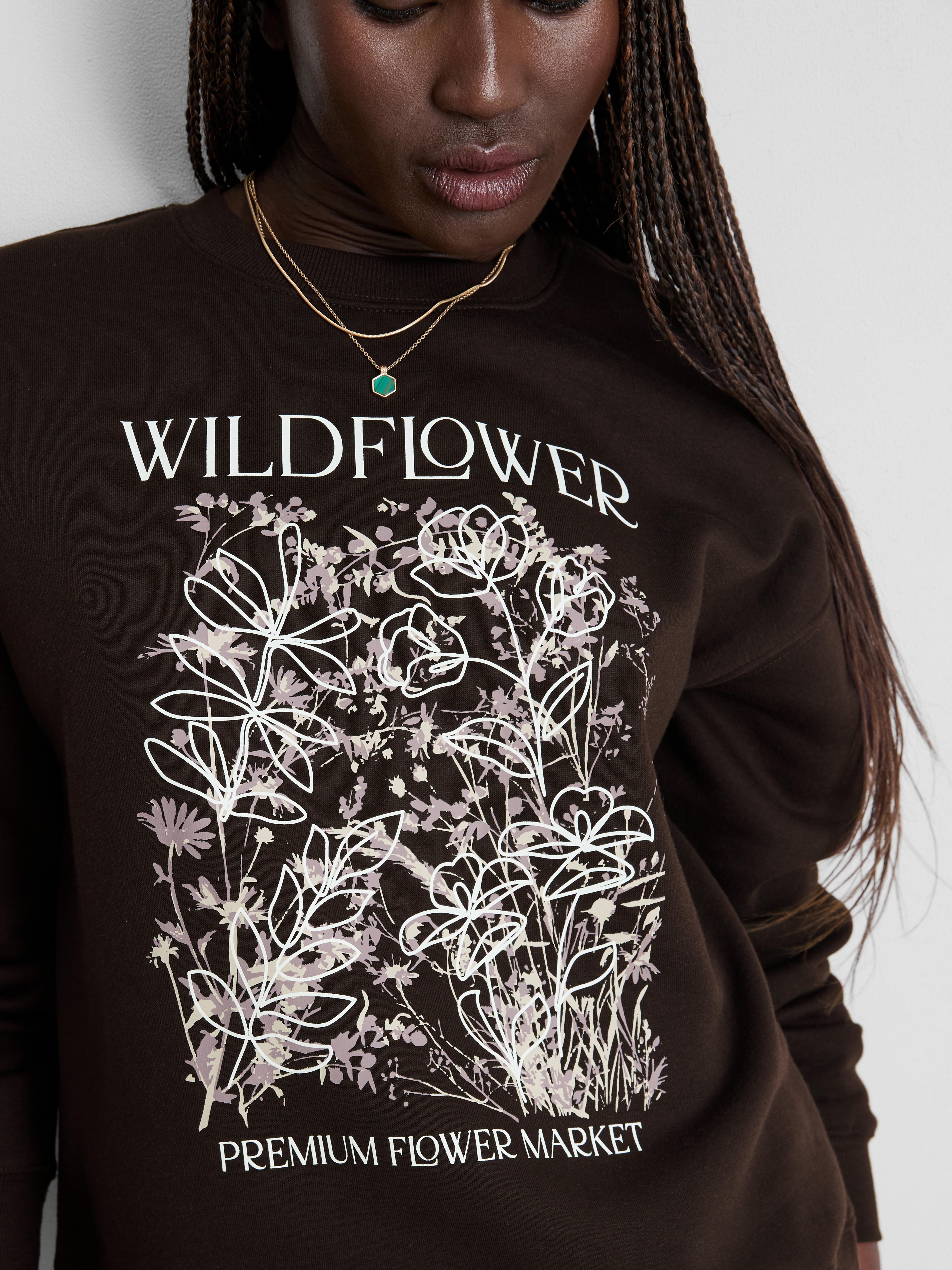 Cotton Blend Relaxed Graphic Sweatshirt - Chocolate
