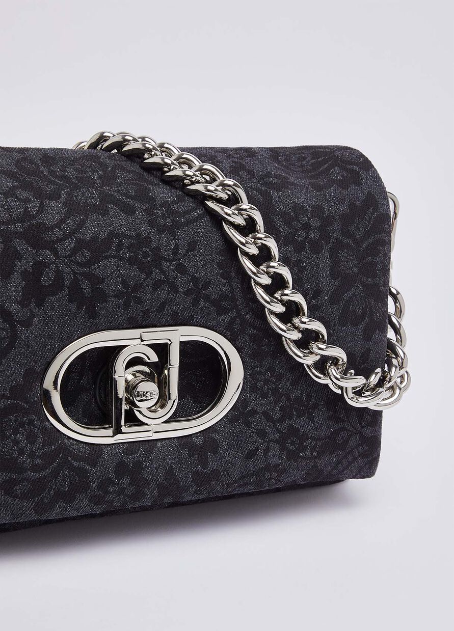 Borsa LaPuffy media in denim stampato - BLACK