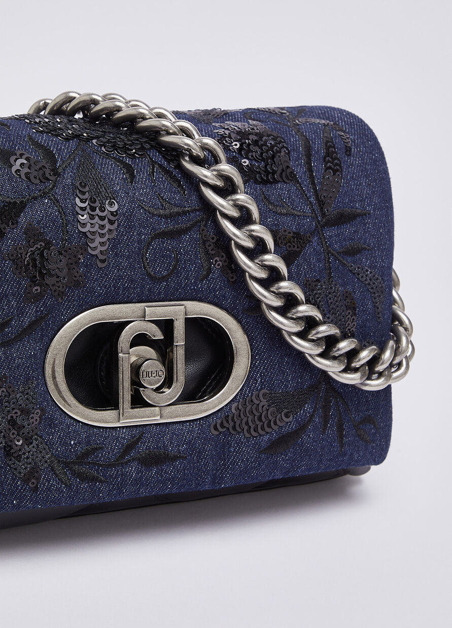 Borsa LaPuffy media in denim ricamato - BLUE DENIM