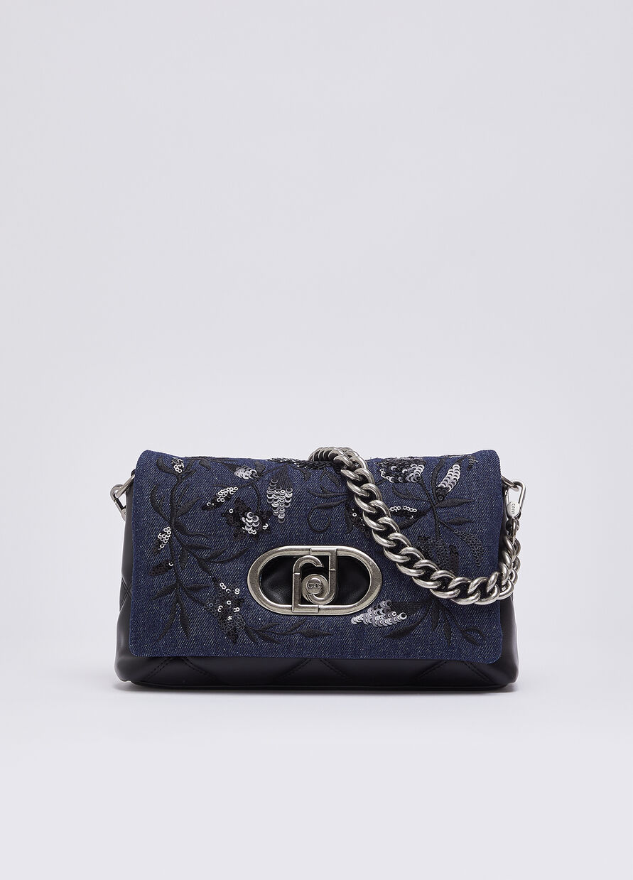 Borsa LaPuffy media in denim ricamato - BLUE DENIM