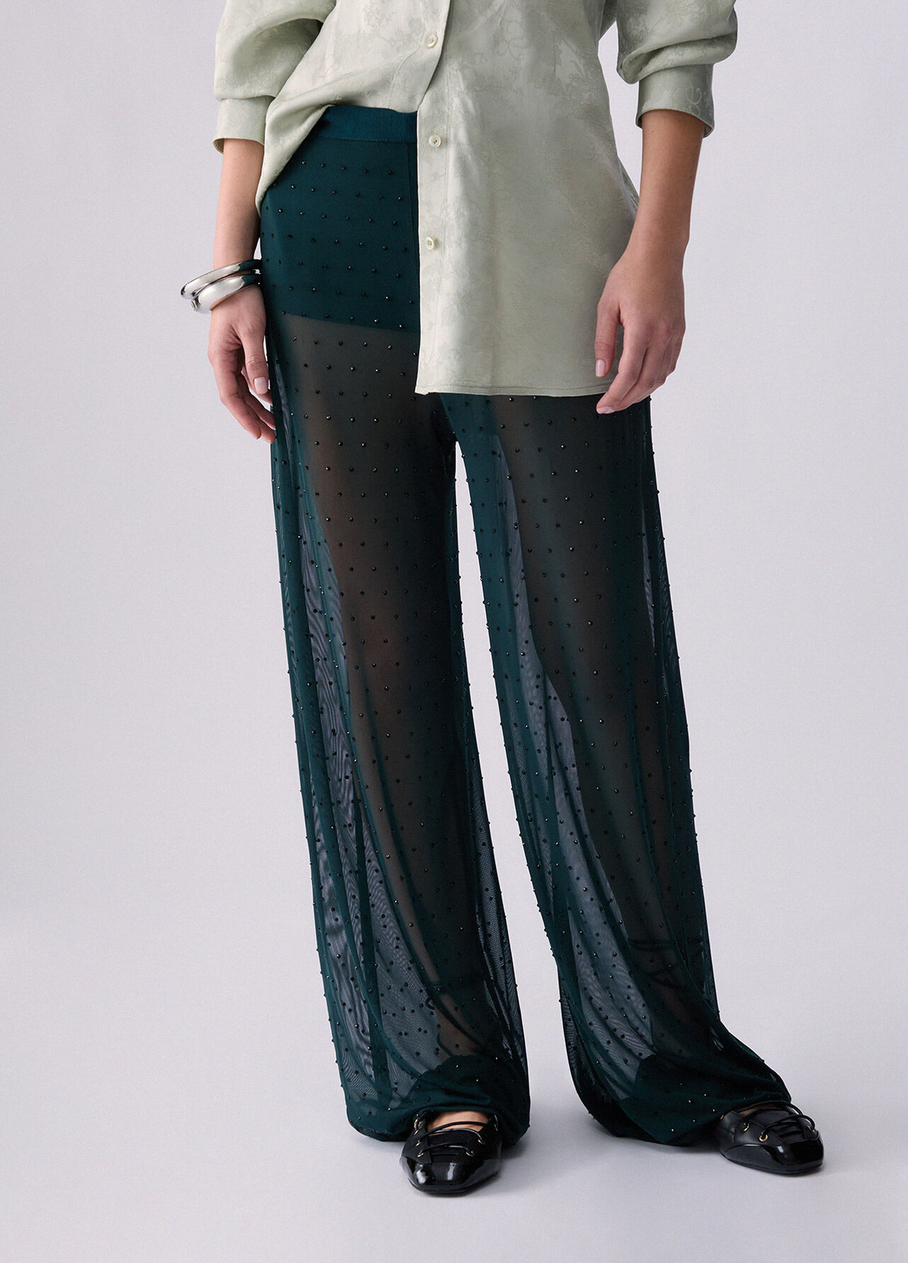 Pantaloni in tulle con ricami gioiello - DARK GREEN