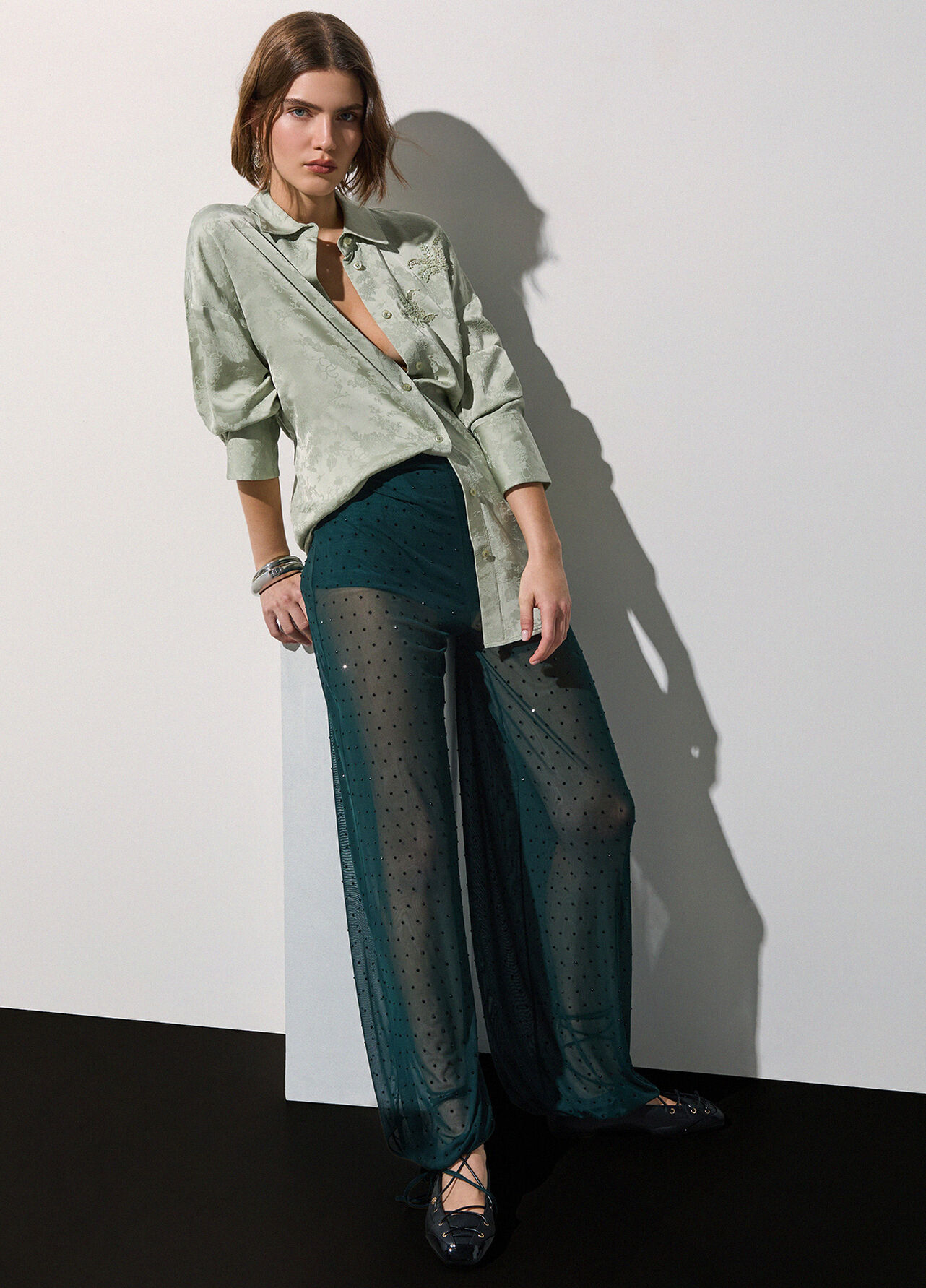 Pantaloni in tulle con ricami gioiello - DARK GREEN