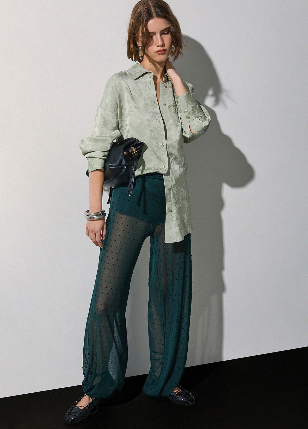 Pantaloni in tulle con ricami gioiello - DARK GREEN