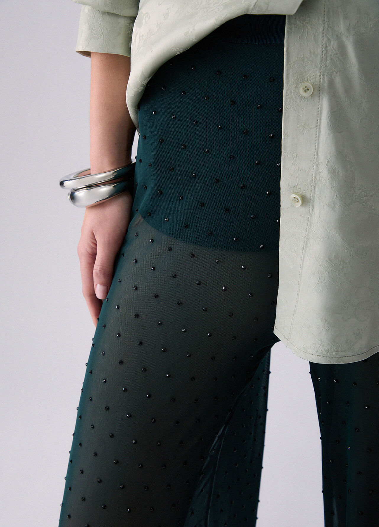 Pantaloni in tulle con ricami gioiello - DARK GREEN