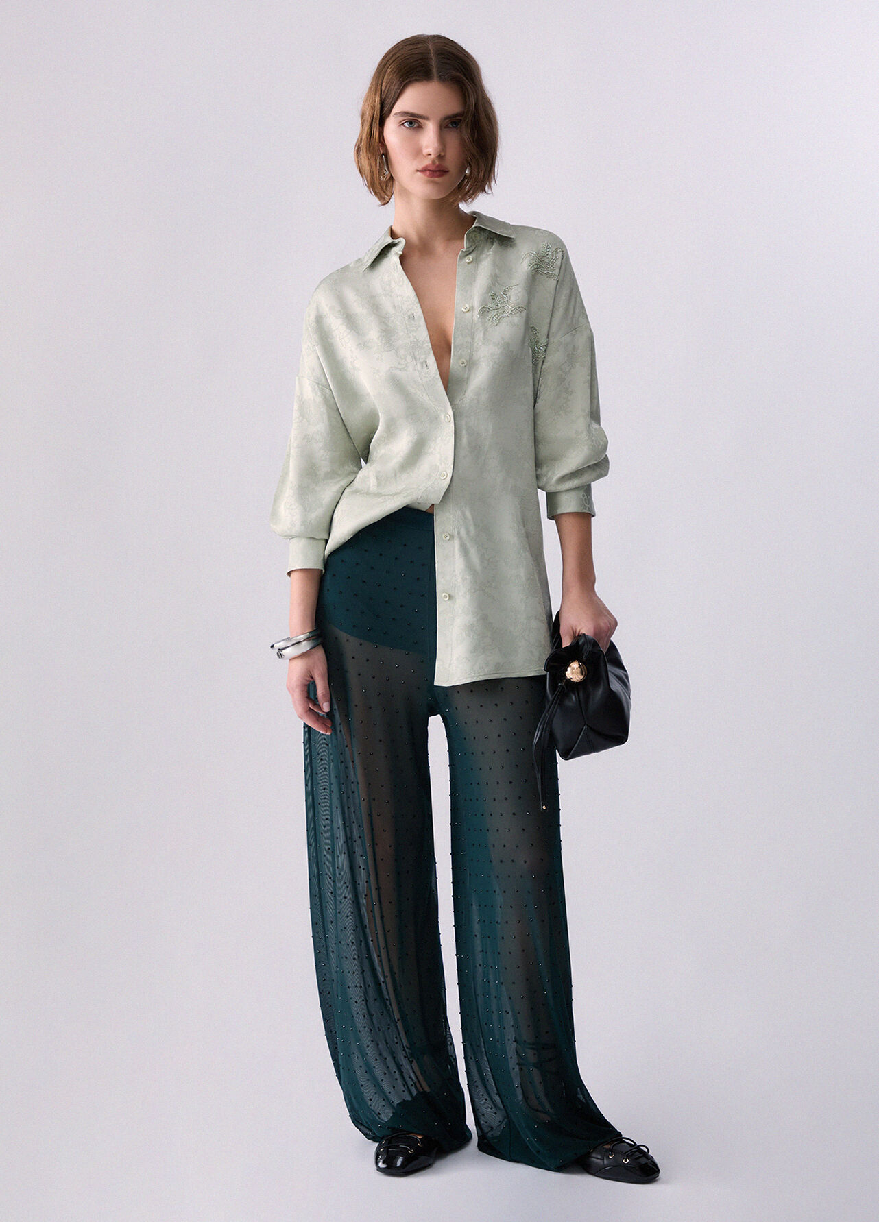 Pantaloni in tulle con ricami gioiello - DARK GREEN