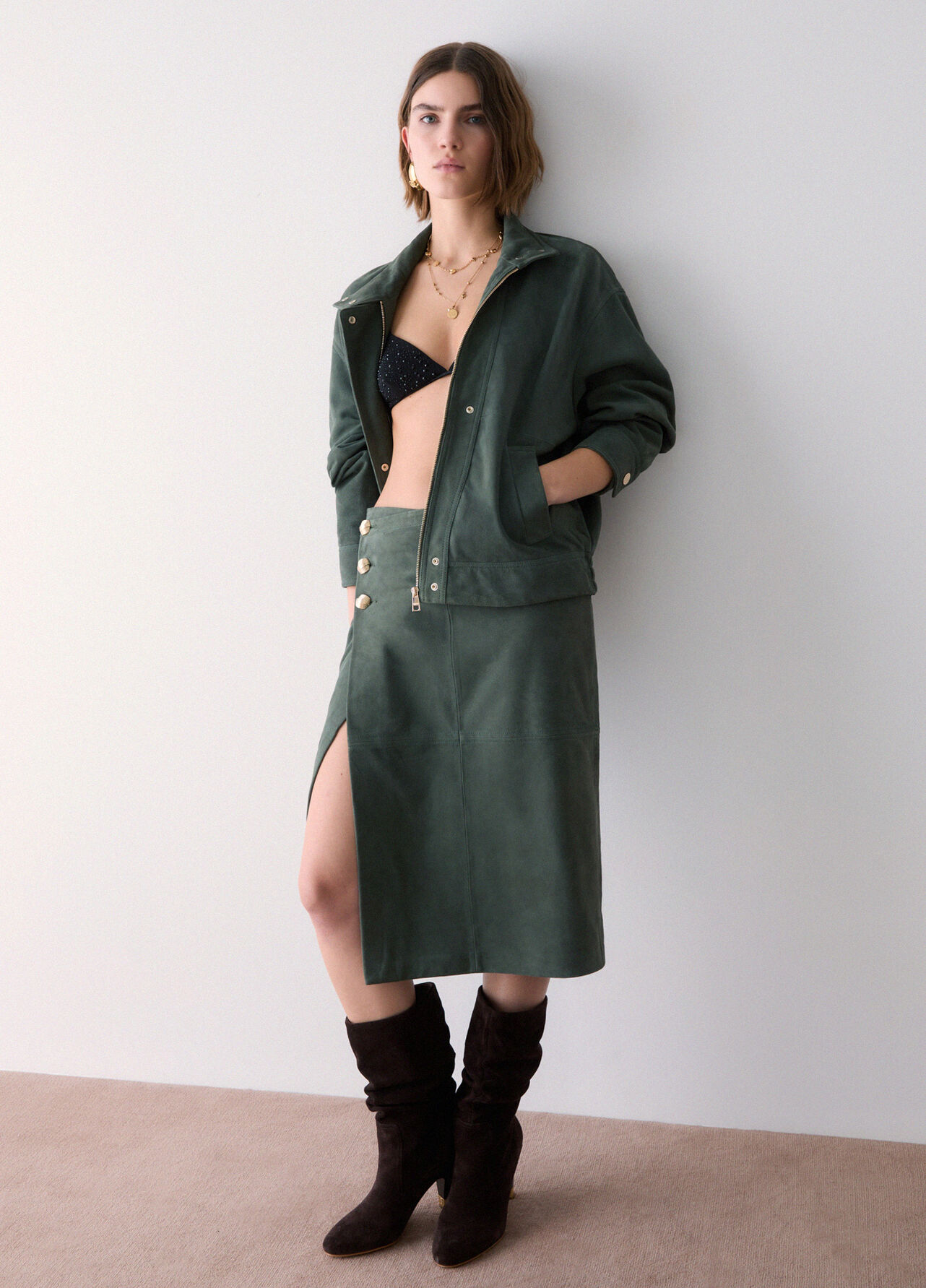 Gonna midi in suede - SAGE GREEN