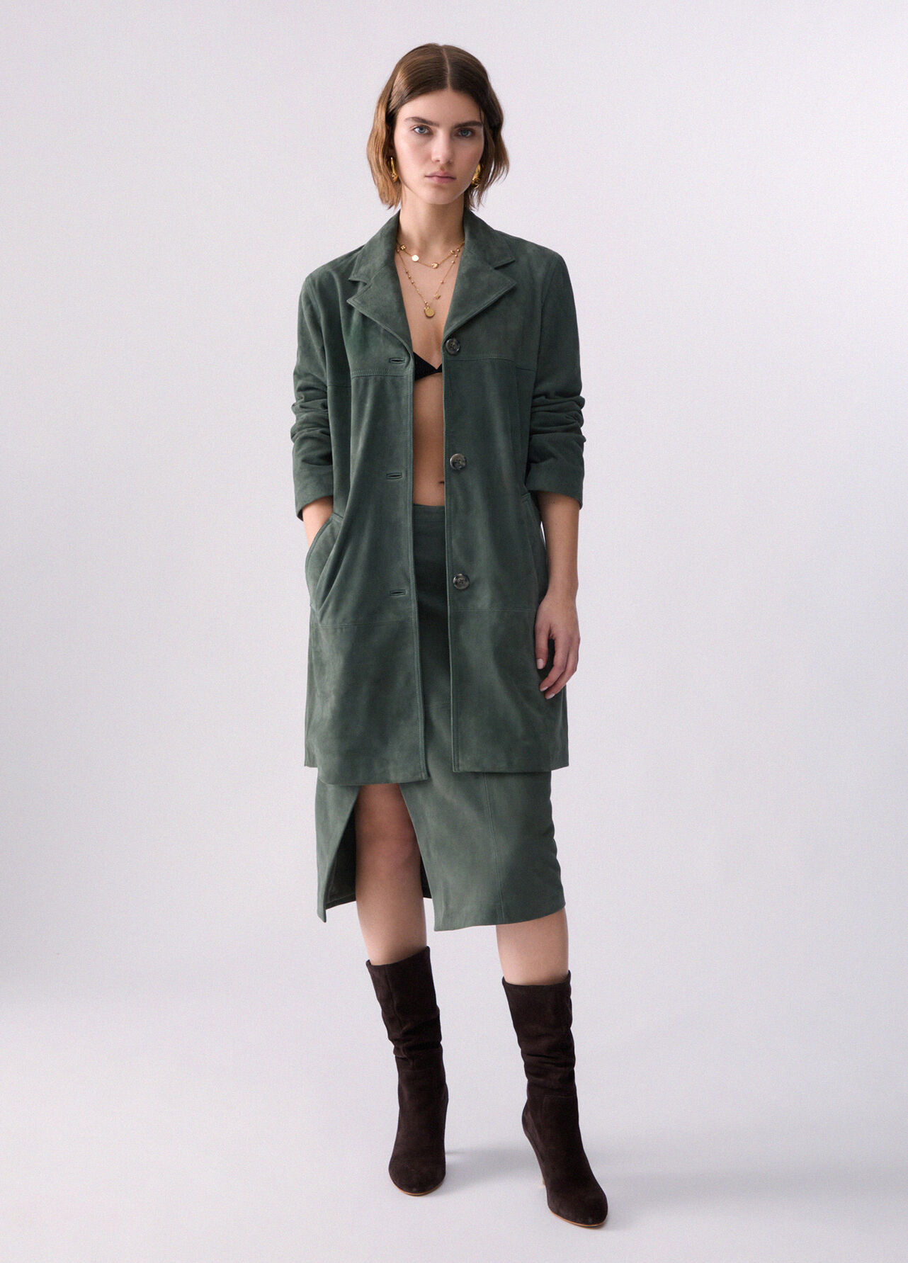 Giacca lunga in suede - SAGE GREEN