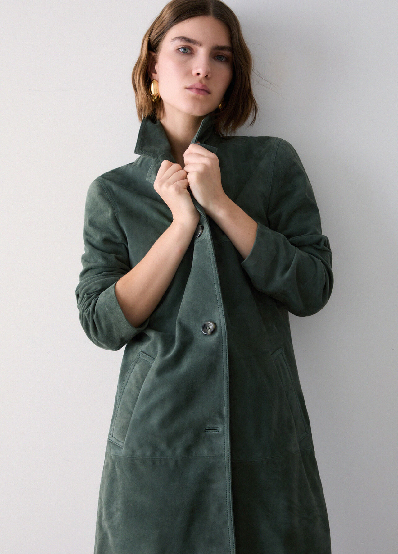 Giacca lunga in suede - SAGE GREEN
