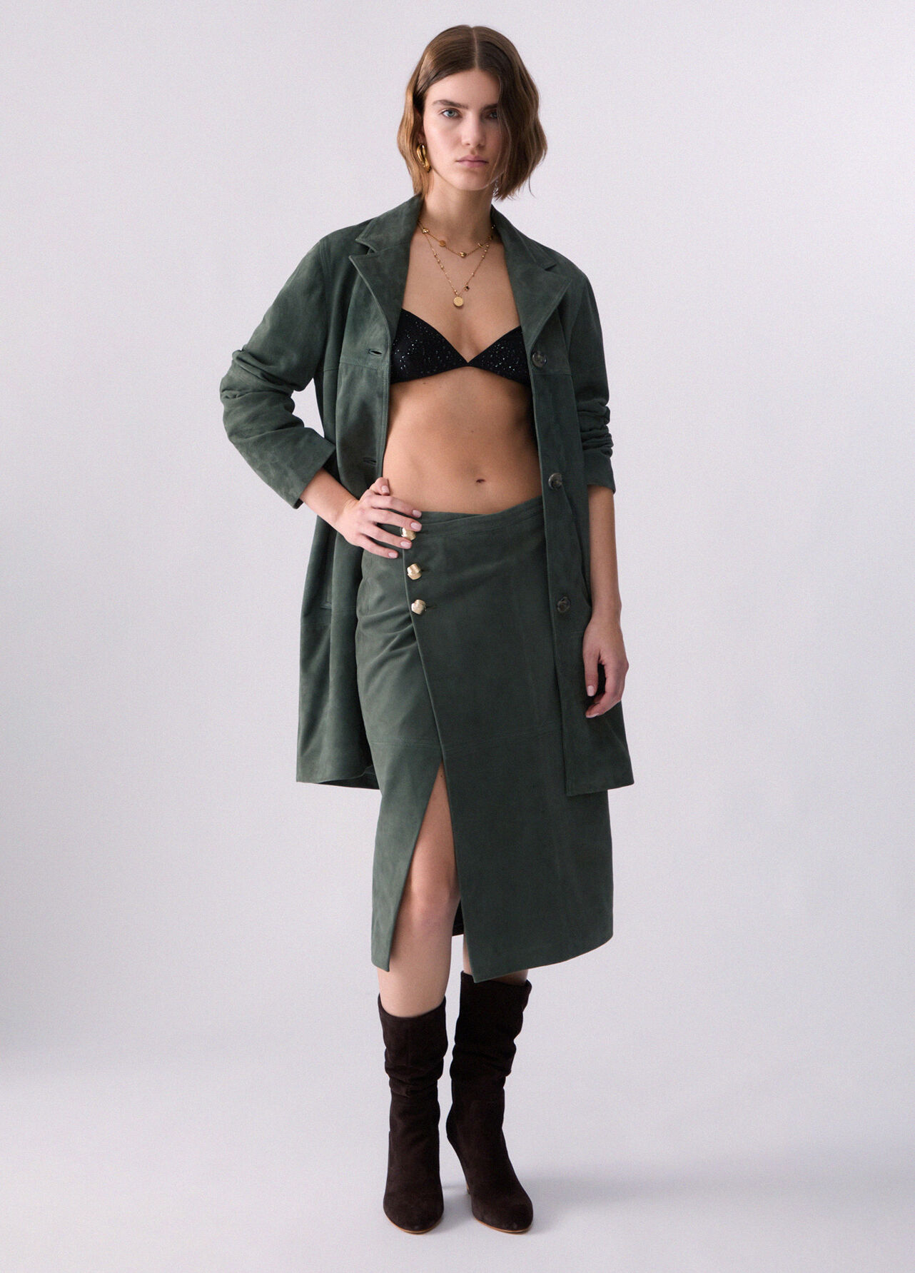 Giacca lunga in suede - SAGE GREEN