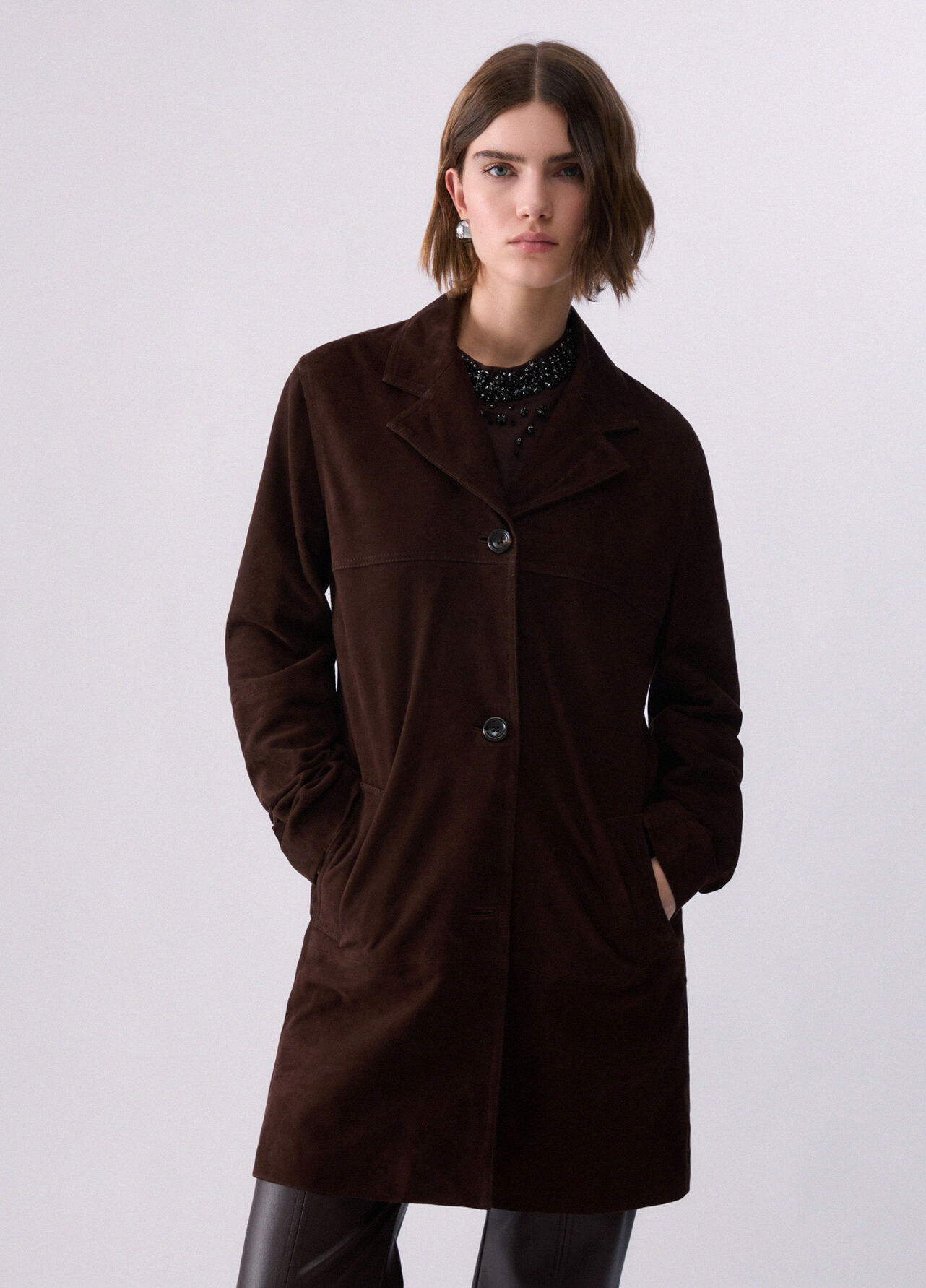 Giacca lunga in suede - COCOA BROWN