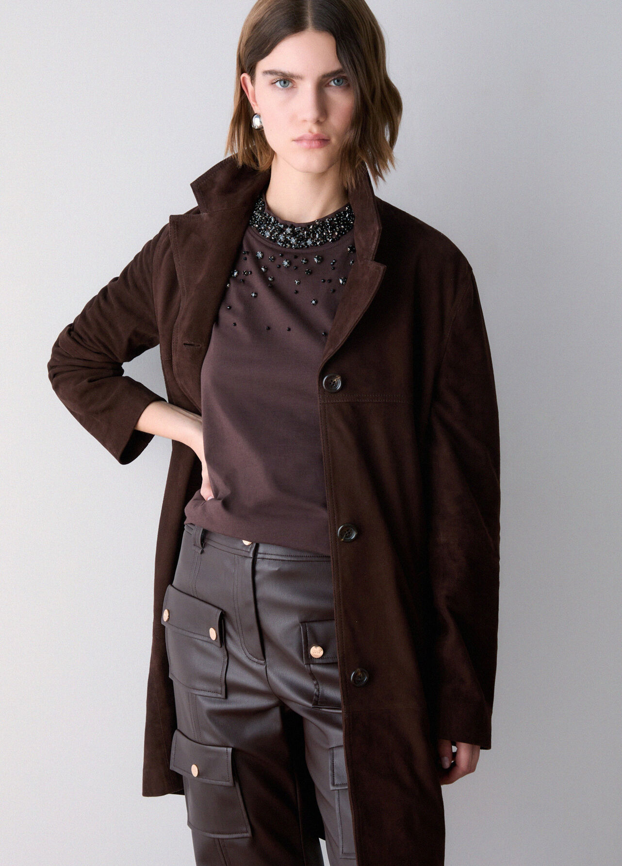 Giacca lunga in suede - COCOA BROWN