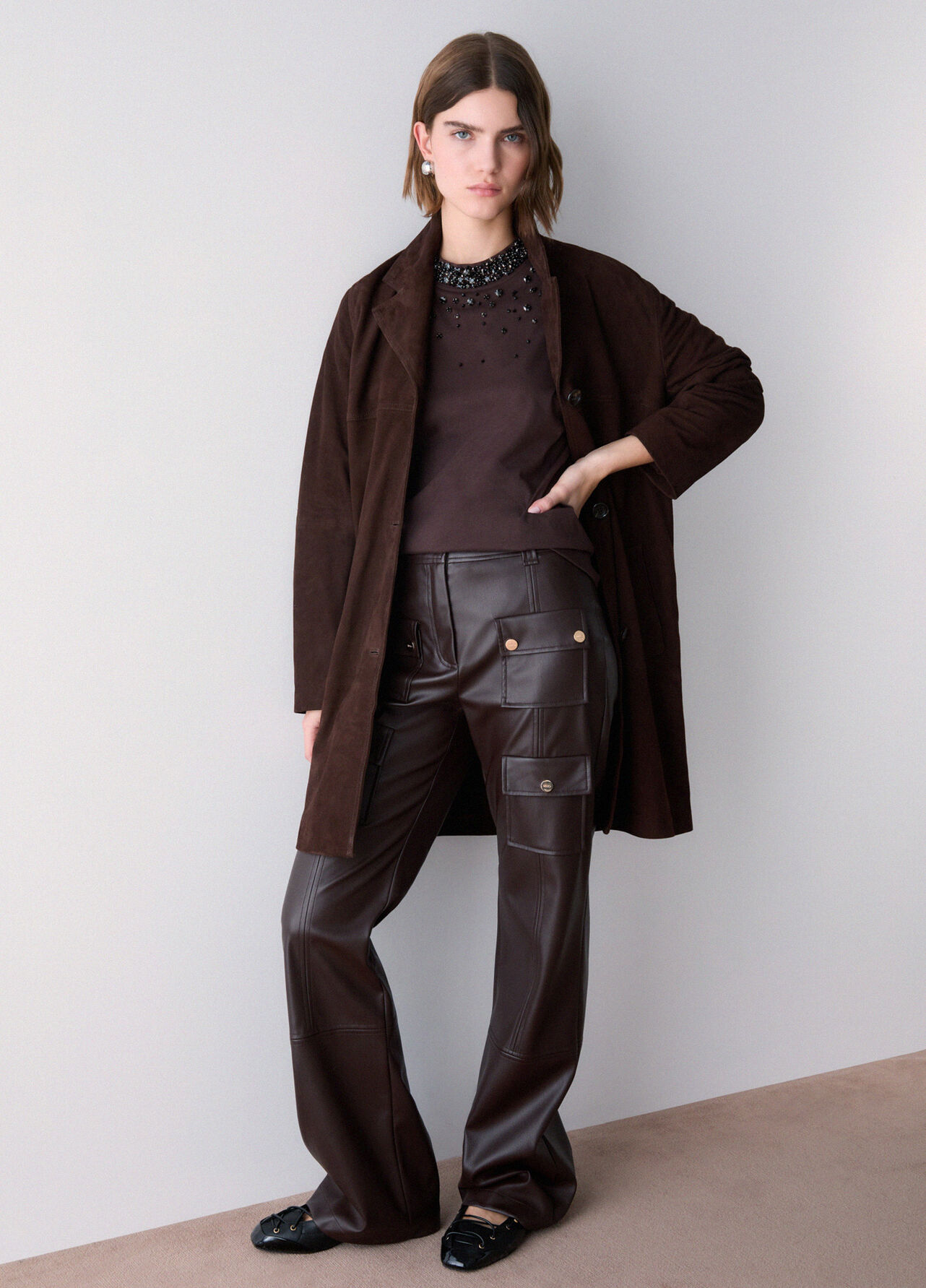Giacca lunga in suede - COCOA BROWN