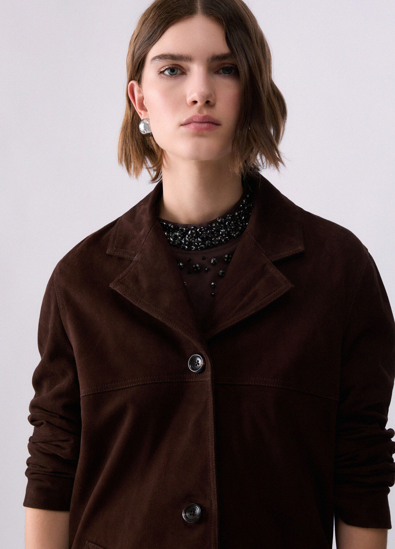 Giacca lunga in suede - COCOA BROWN