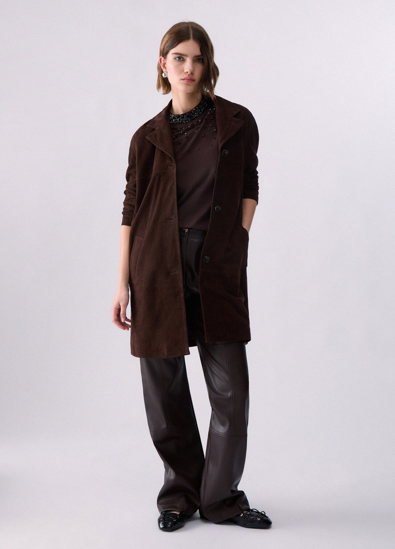 Giacca lunga in suede - COCOA BROWN
