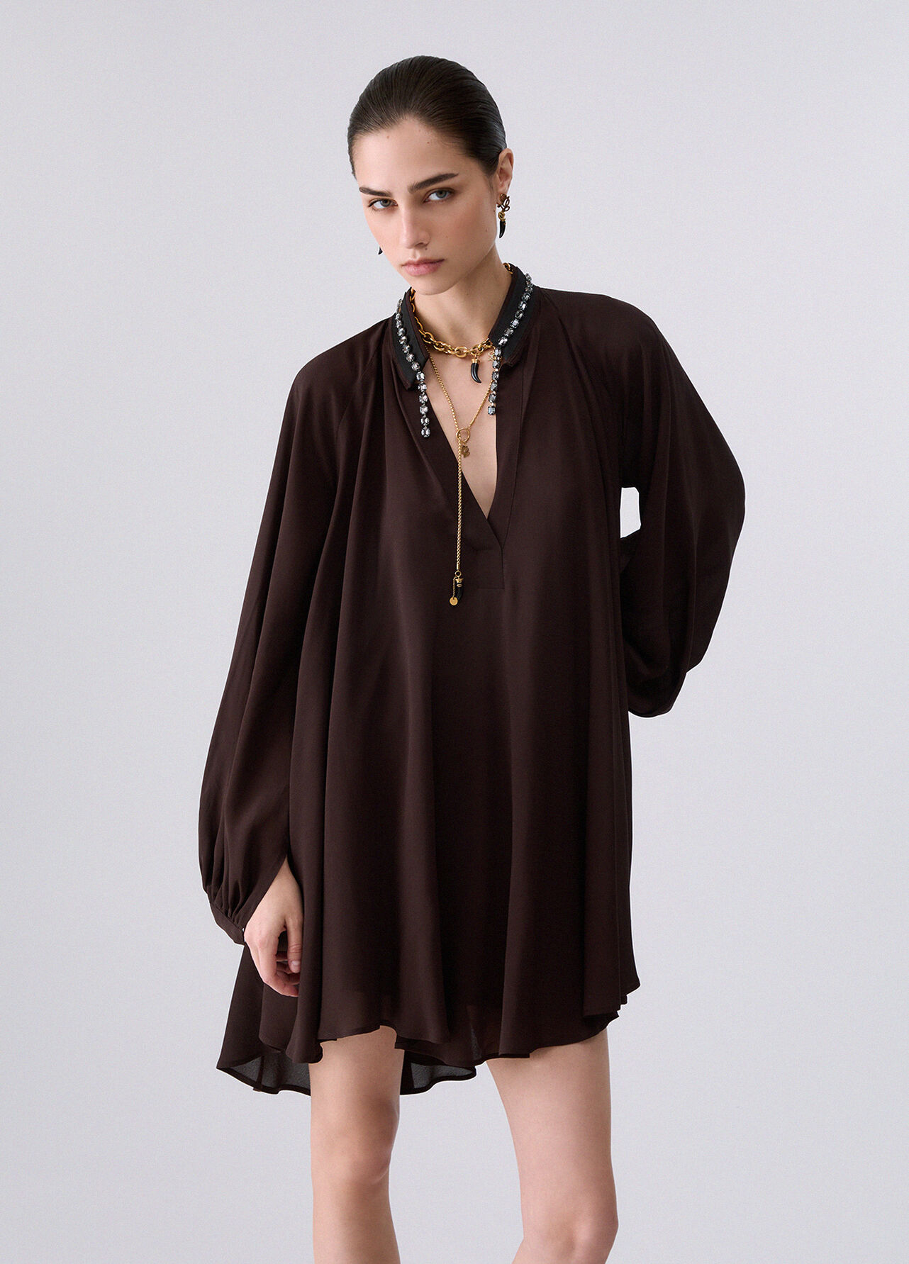 Abito corto in georgette - MOCHA
