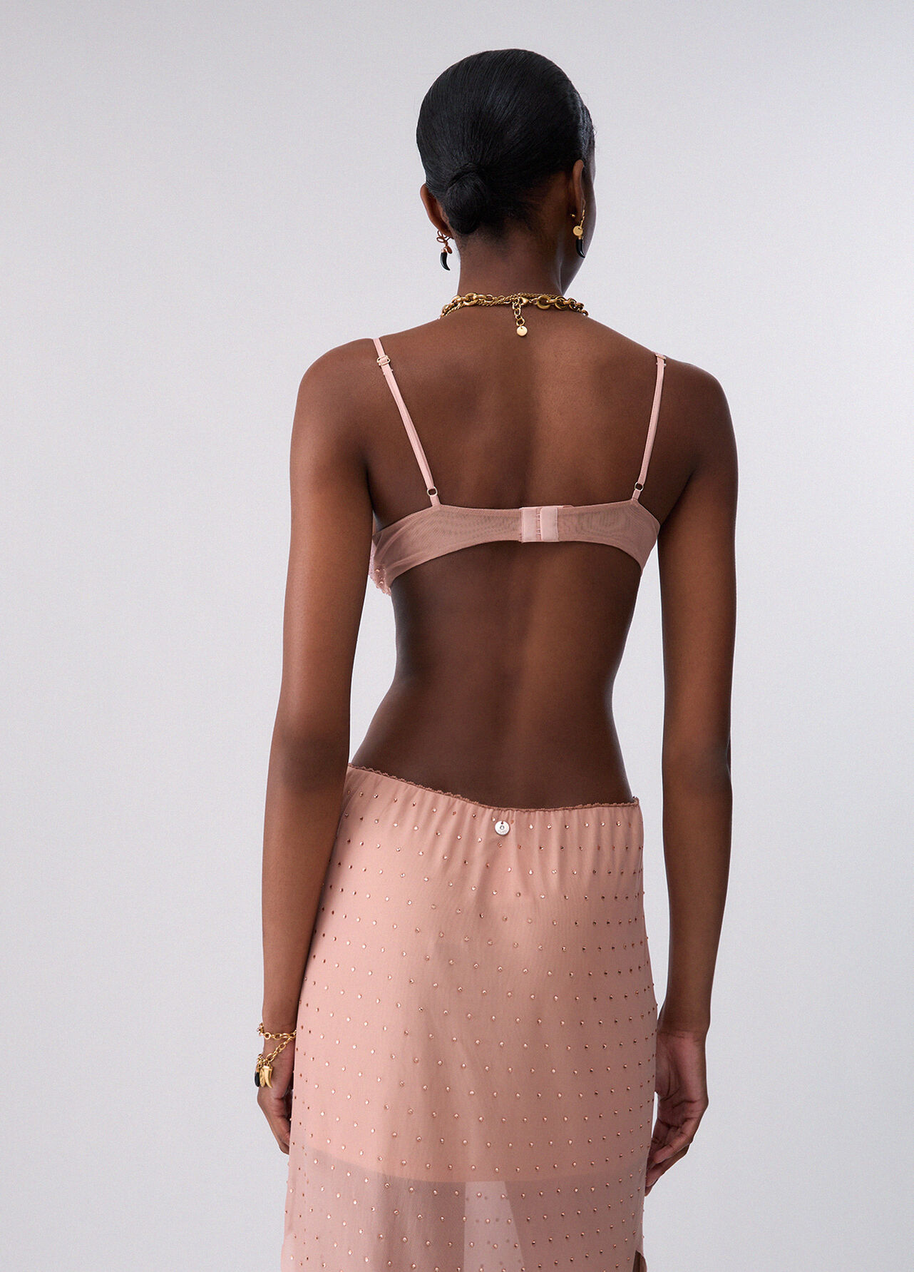 Top in tulle con ricami gioiello - NUDE