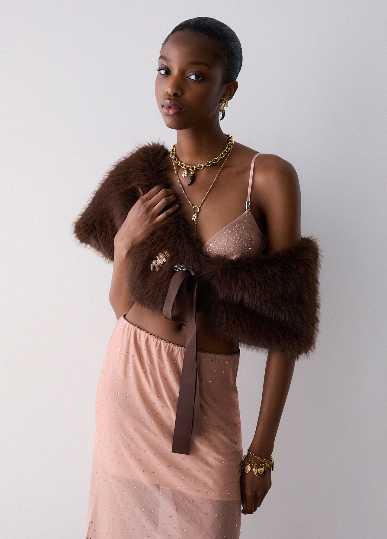 Top in tulle con ricami gioiello - NUDE