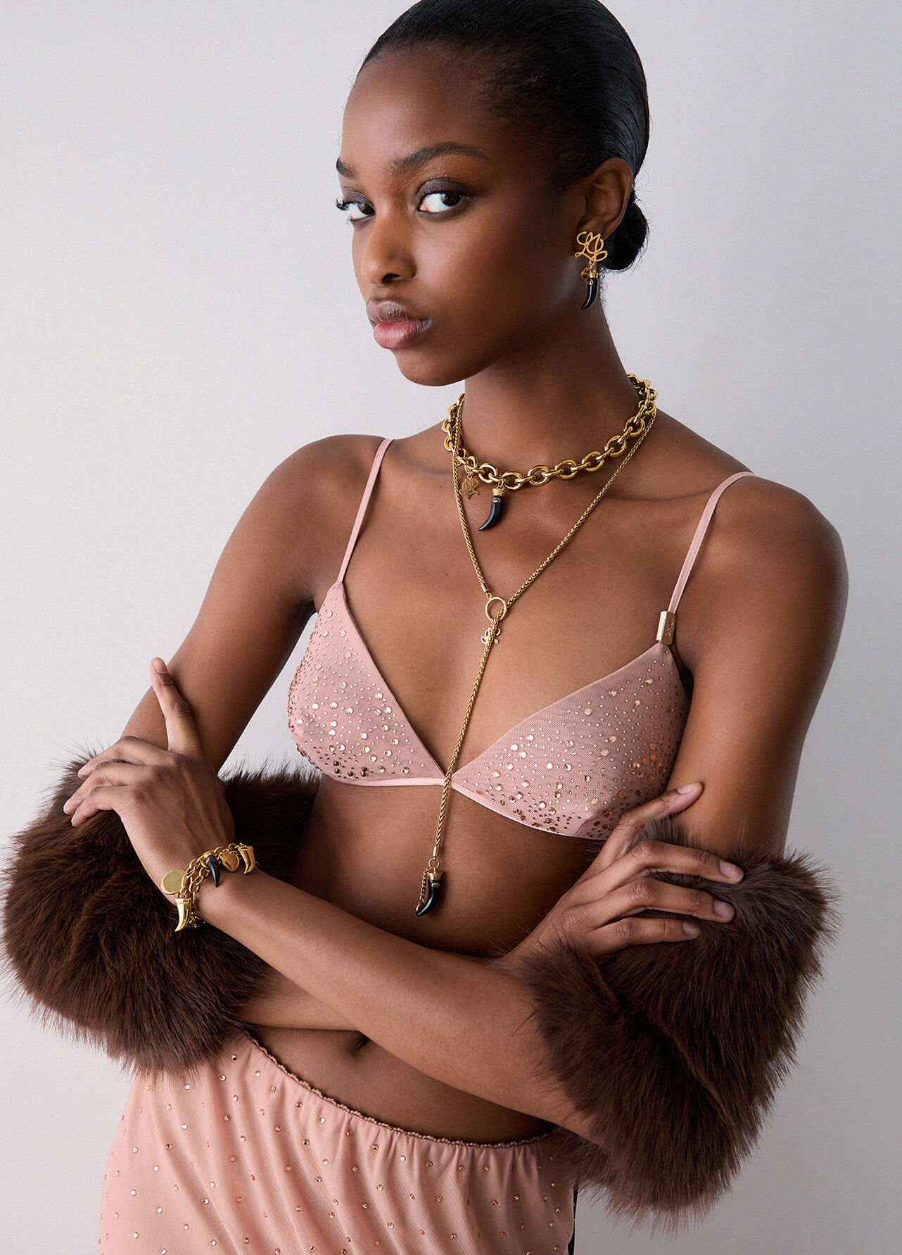 Top in tulle con ricami gioiello - NUDE