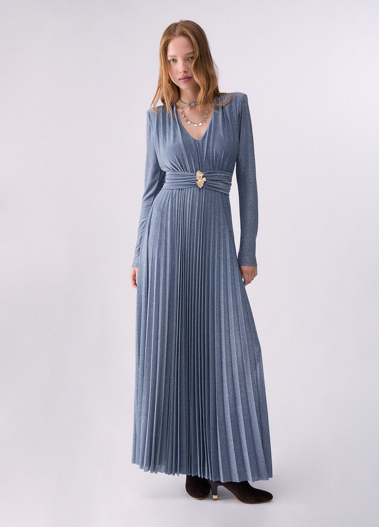 Abito lungo in lurex plissé - LIGHT BLUE