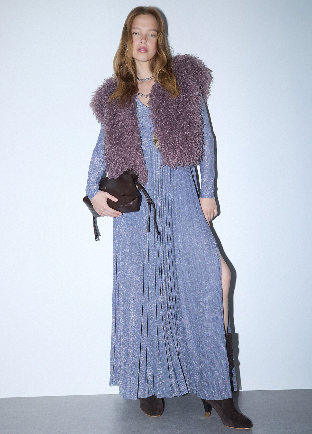 Abito lungo in lurex plissé - LIGHT BLUE