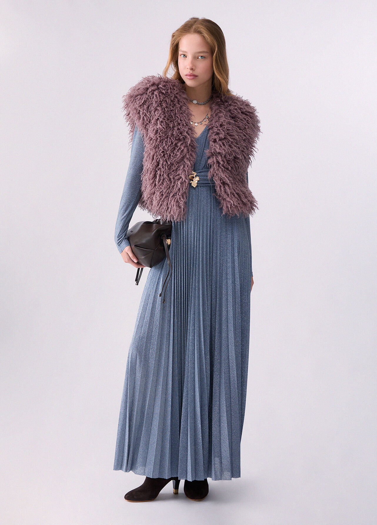Abito lungo in lurex plissé - LIGHT BLUE
