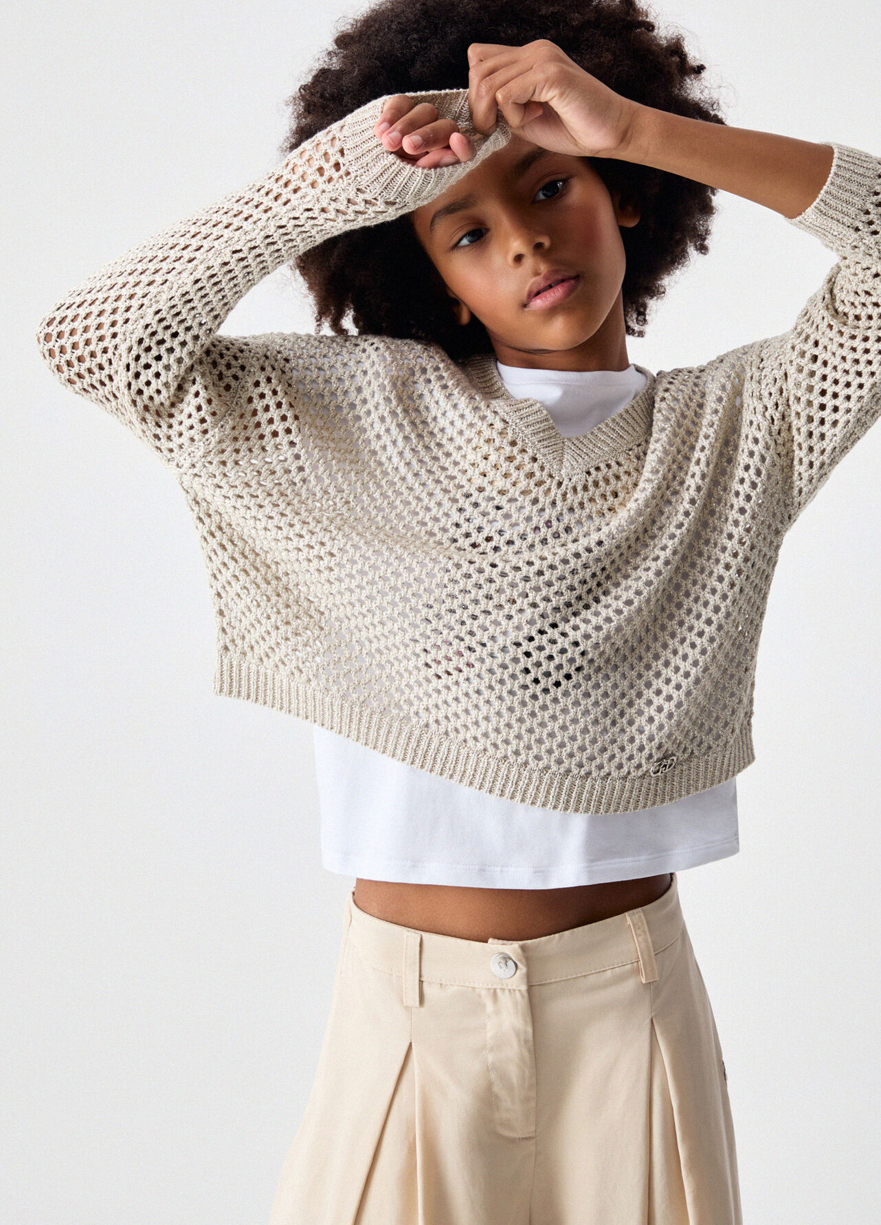 Pullover a rete con scollo a V - BEIGE